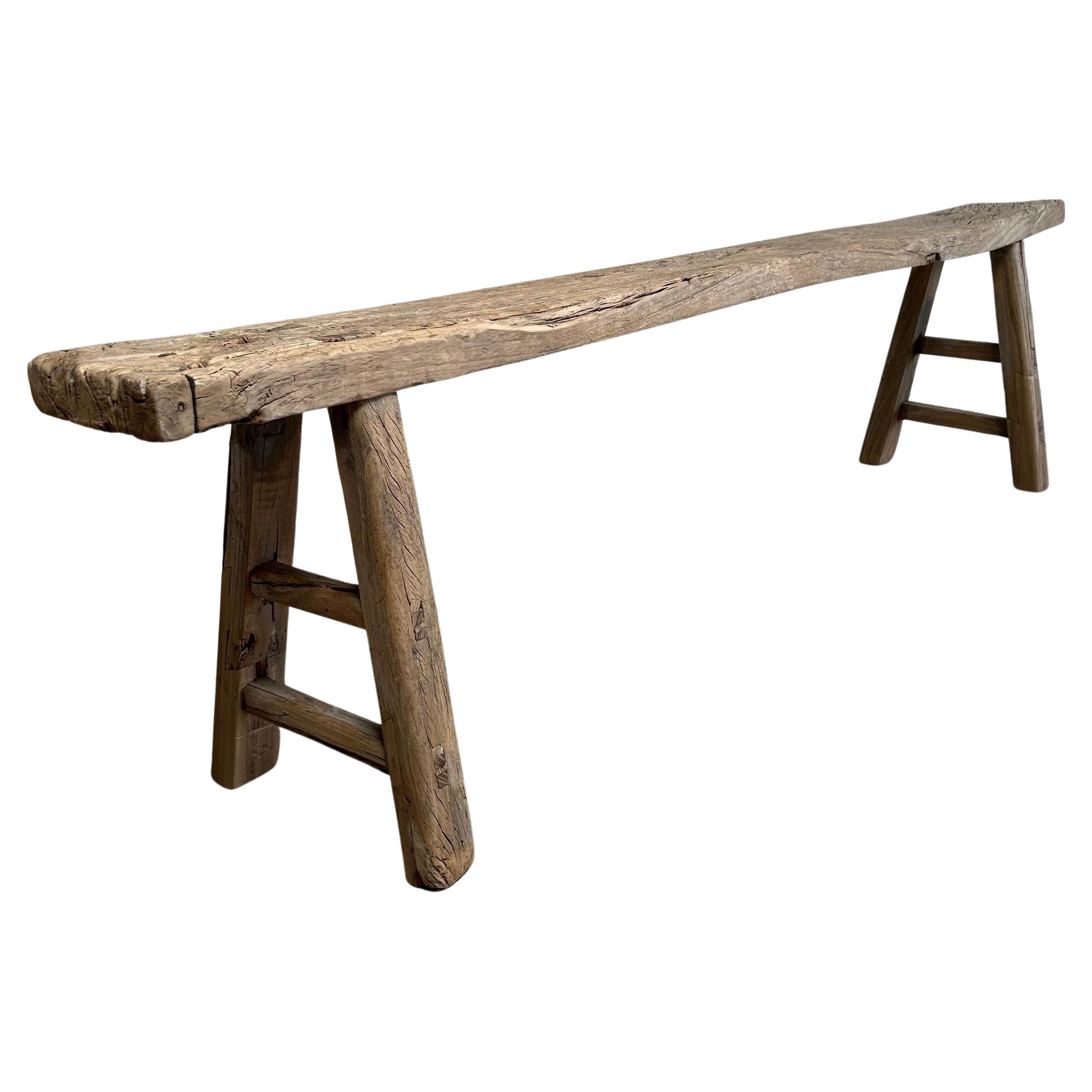 Vintage Elm Wood Skinny Bench with Aged Patina