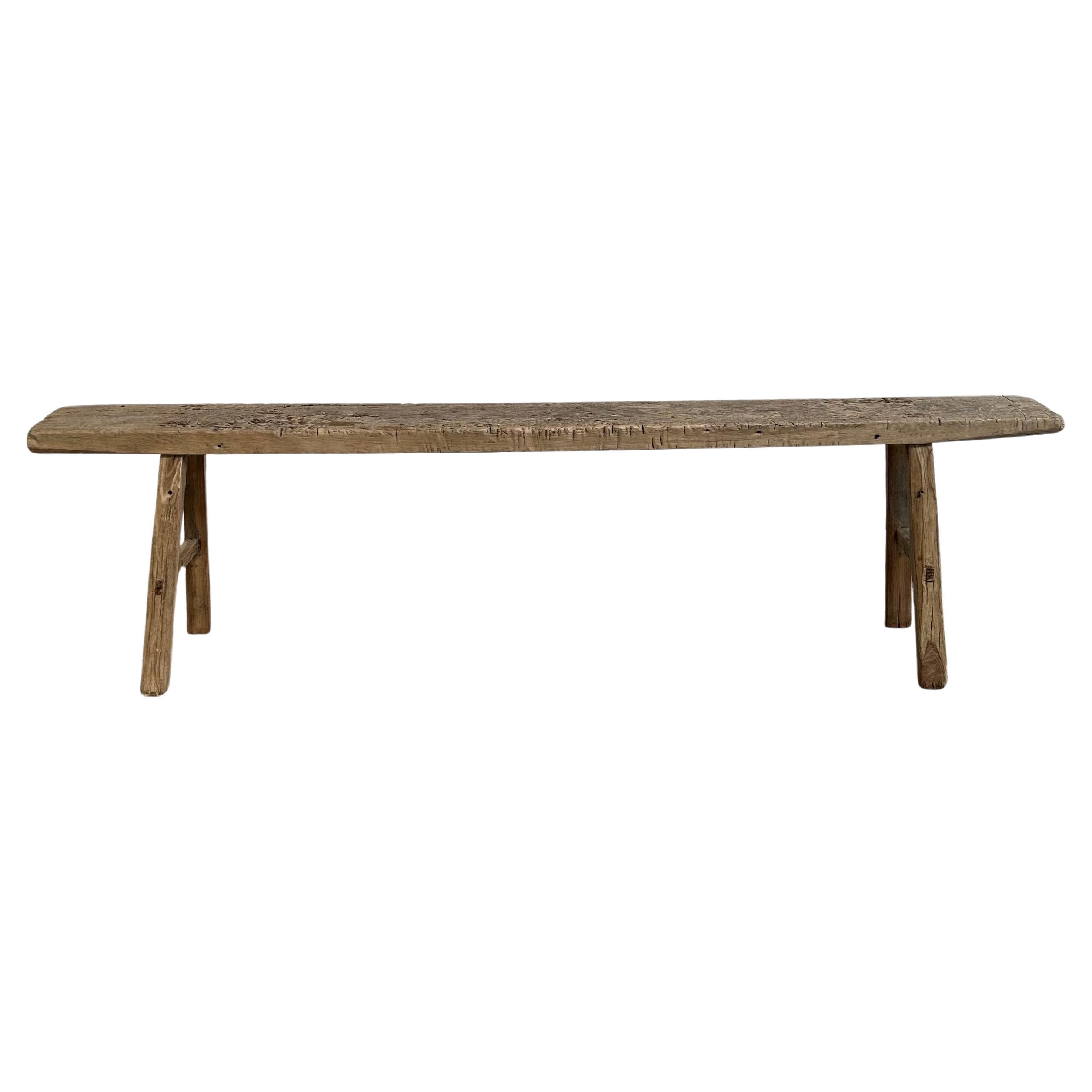 Vintage Elm Wood Skinny Bench with Aged Patina at 1stDibs