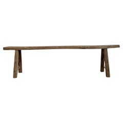 Vintage Elm Wood Skinny Bench with Aged Patina