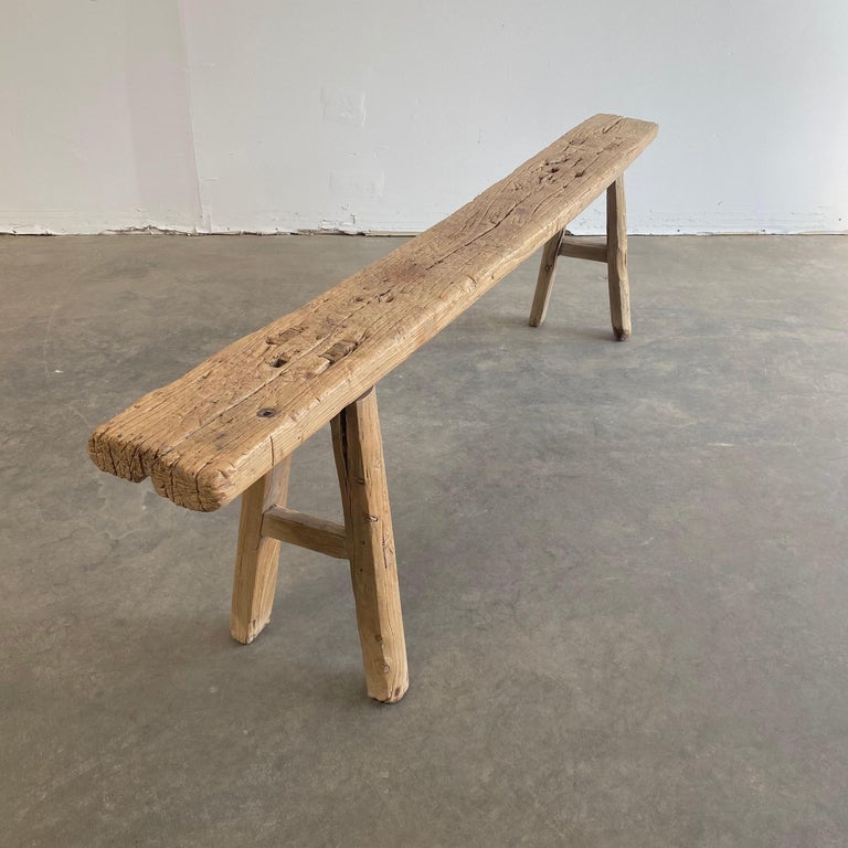 Vintage Elm Wood Skinny Bench with Rustic Plank Seat Top at 1stDibs ...