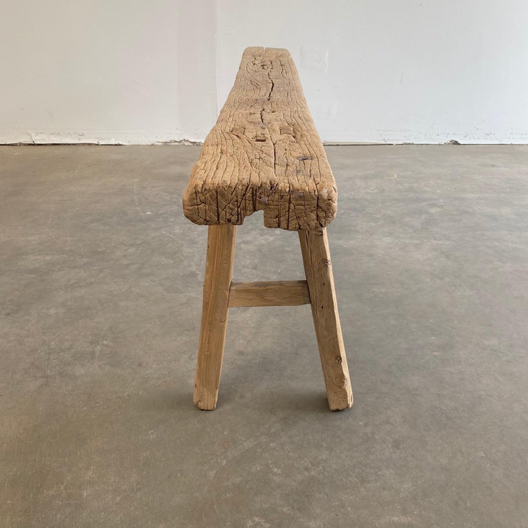 Vintage Elm Wood Skinny Bench with Rustic Plank Seat Top at 1stDibs