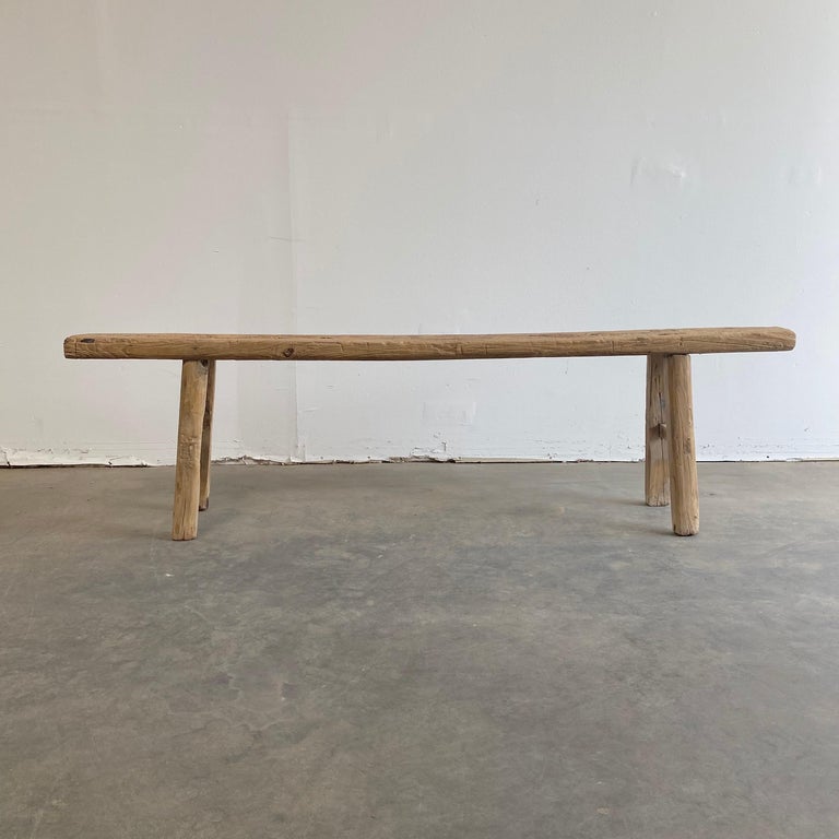 Vintage Elm Wood Skinny Bench with Rustic Plank Seat Top at 1stDibs
