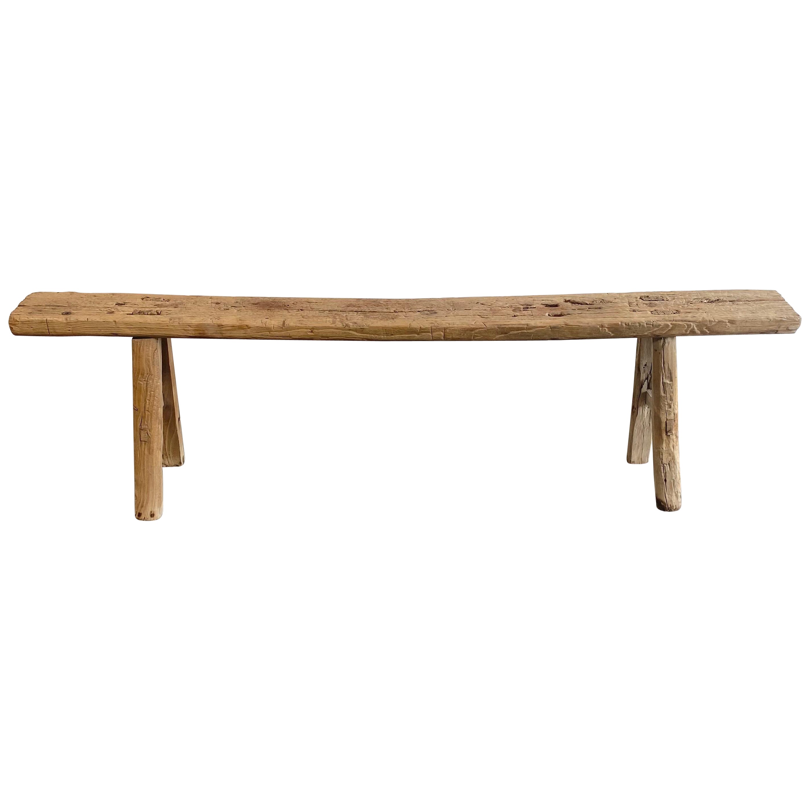 Vintage Elm Wood Skinny Bench with Rustic Plank Seat Top