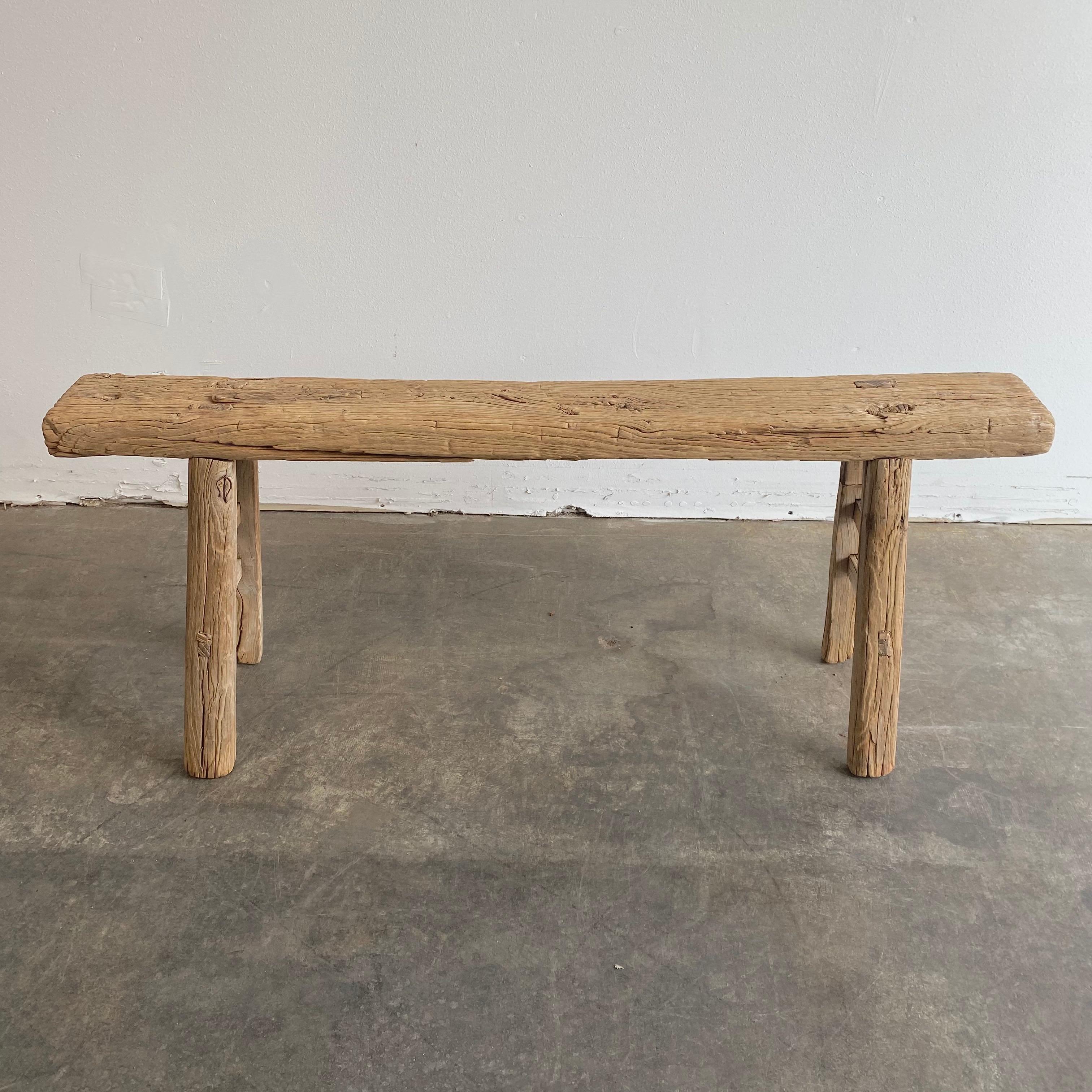 Vintage Elm Wood Skinny Bench with Rustic Plank Top In Good Condition In Brea, CA