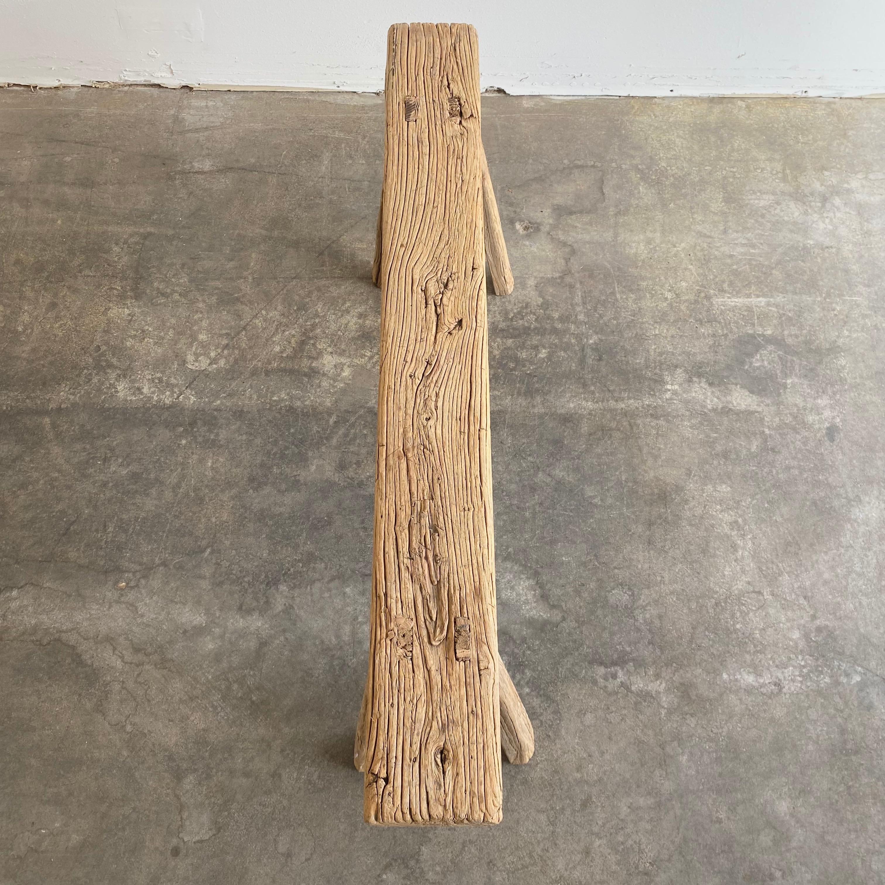 Vintage Elm Wood Skinny Bench with Rustic Plank Top 2