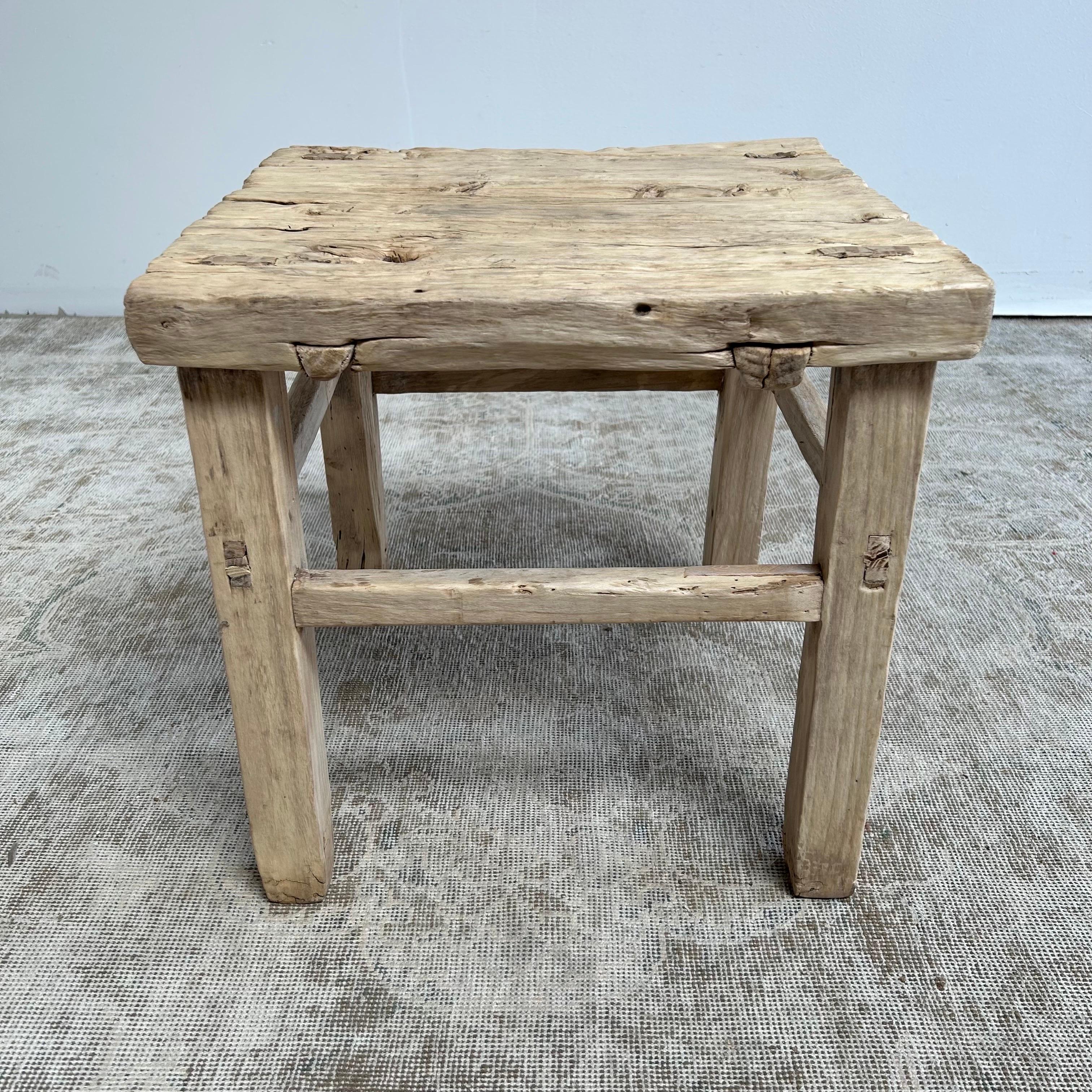 20th Century Vintage Elm Wood Square Side Table Wabi Sabi Style