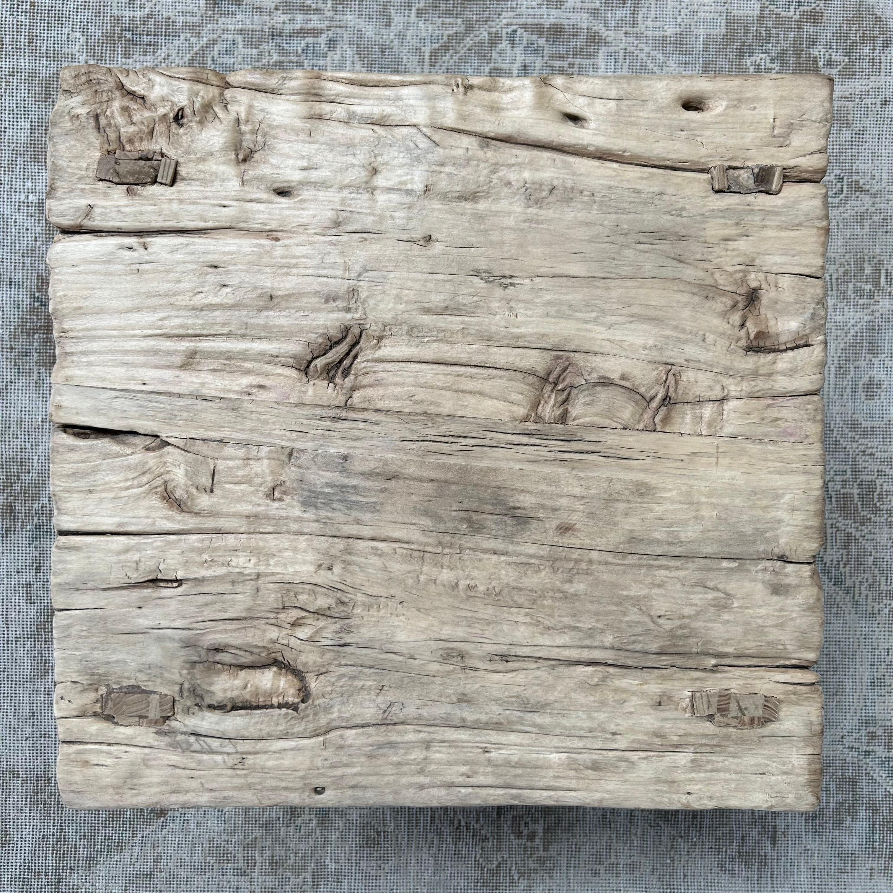 Vintage Elm Wood Square Side Table Wabi Sabi Style 2