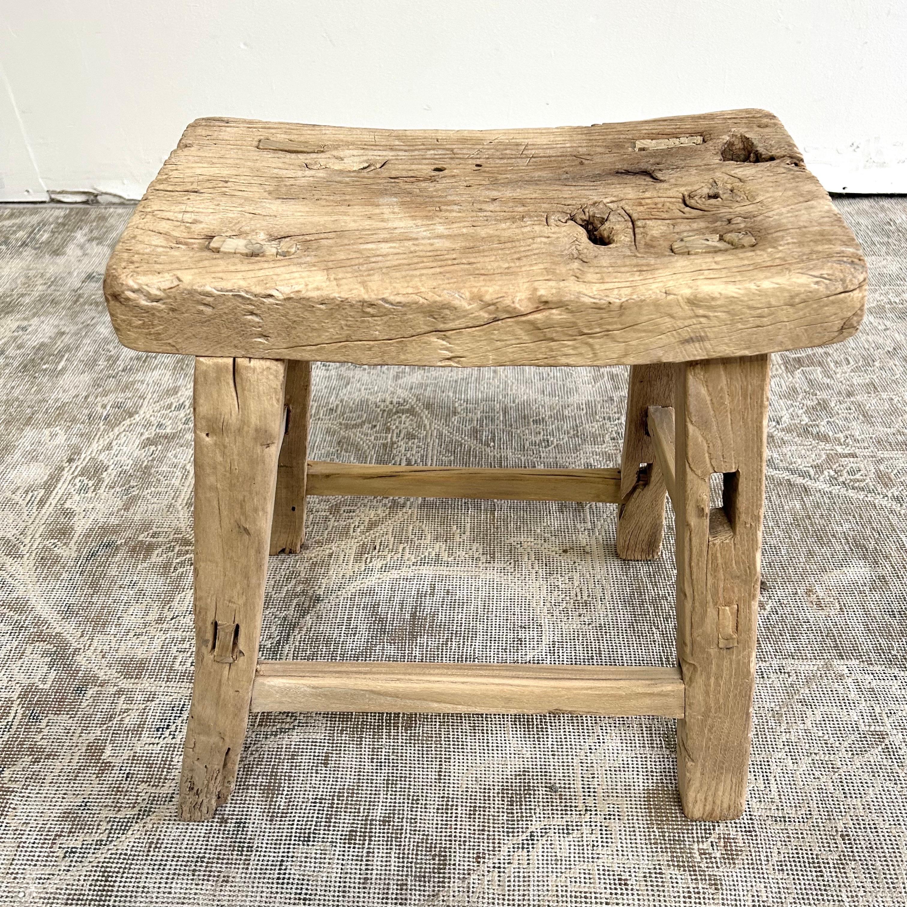 These are the real vintage antique elm wood stools! Beautiful antique patina, with weathering and age, these are solid and sturdy ready for daily use, use as a table, stool, drink table, they are great for any space. Each piece is truly unique and