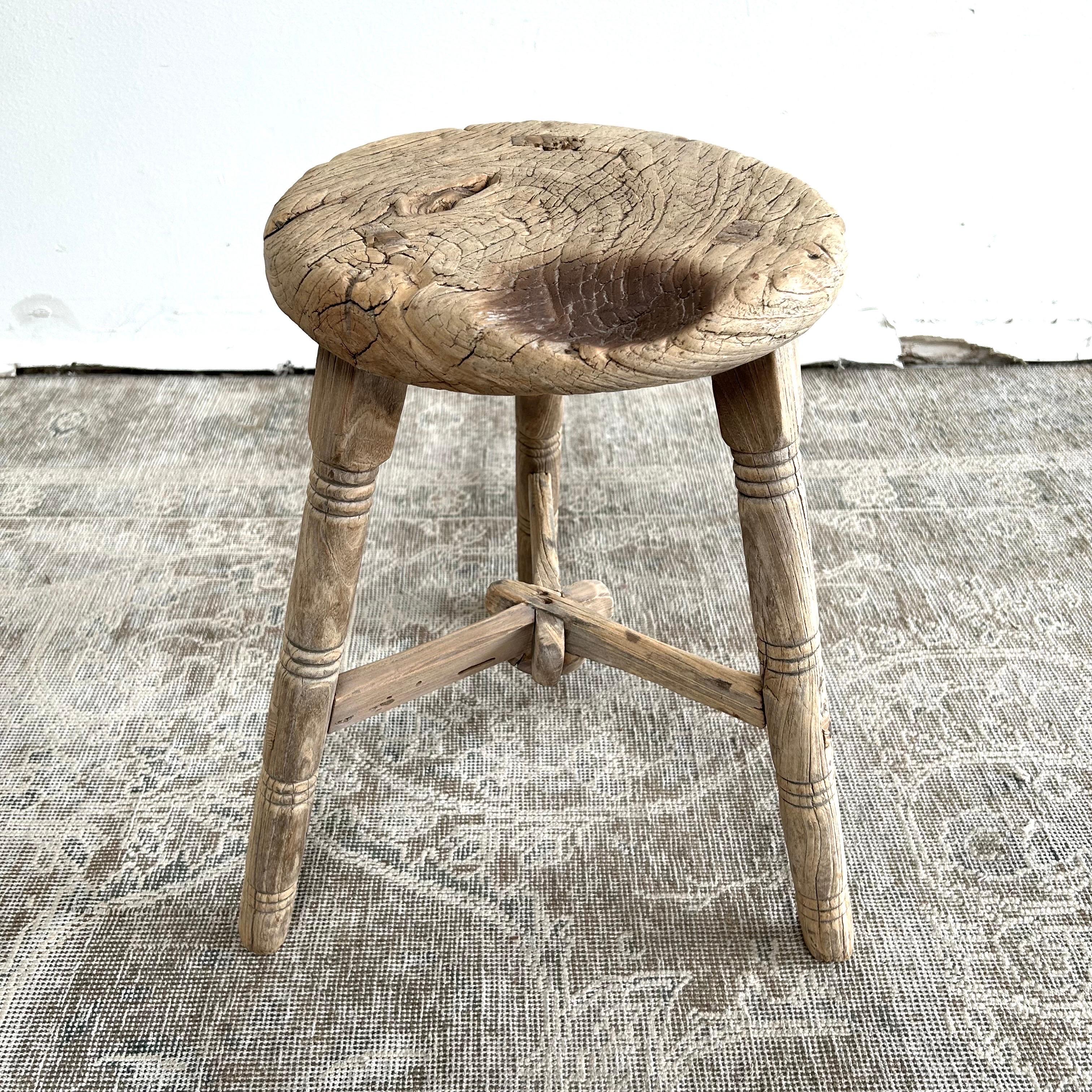 These are the real vintage antique elm wood stools! Beautiful antique patina, with weathering and age, these are solid and sturdy ready for daily use, use as a table, stool, drink table, they are great for any space. Each piece is truly unique and