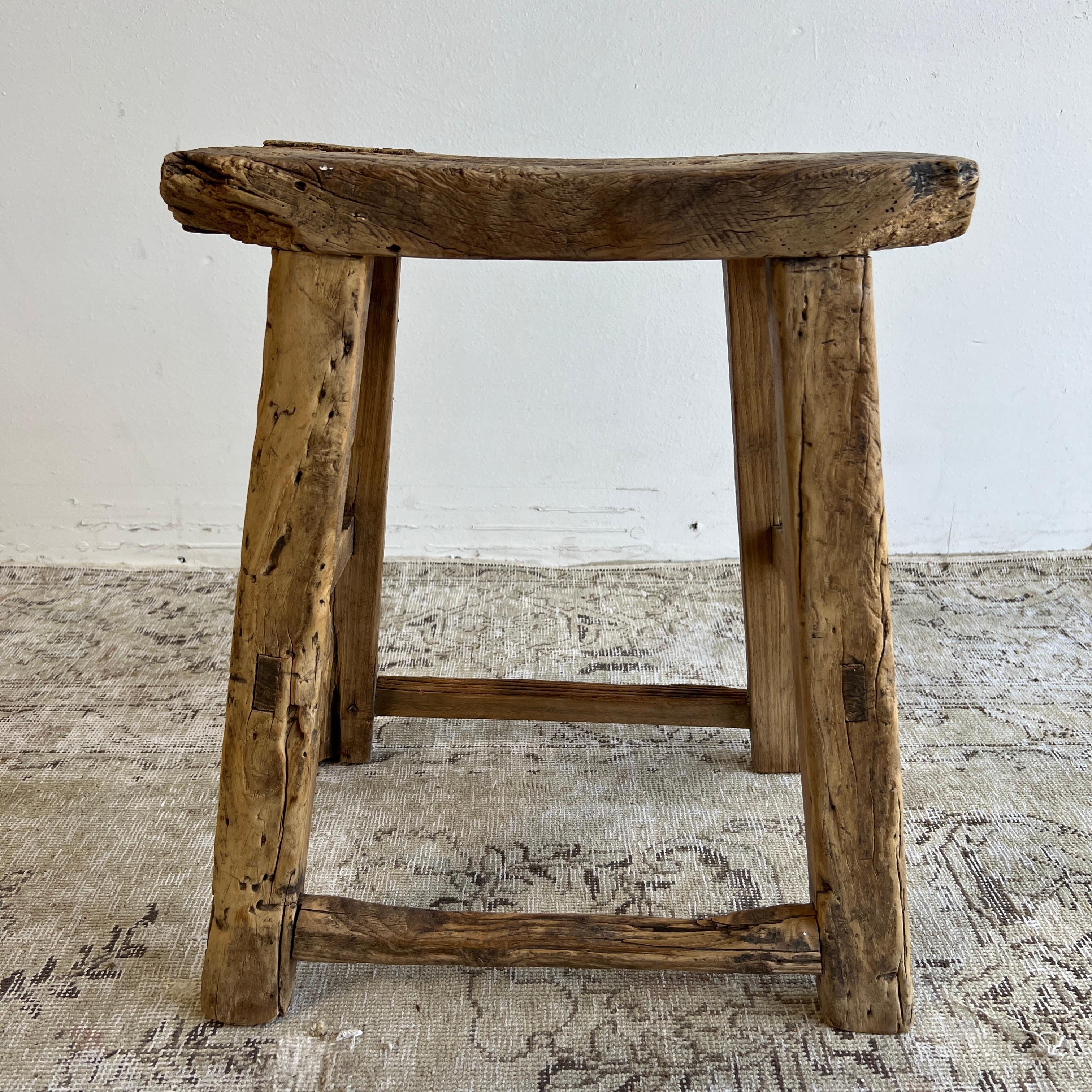 Vintage antique elm wood stool These are the real vintage antique elm wood stools! Beautiful antique patina, with weathering and age, these are solid and sturdy ready for daily use, use as a table, stool, drink table, they are great for any space.