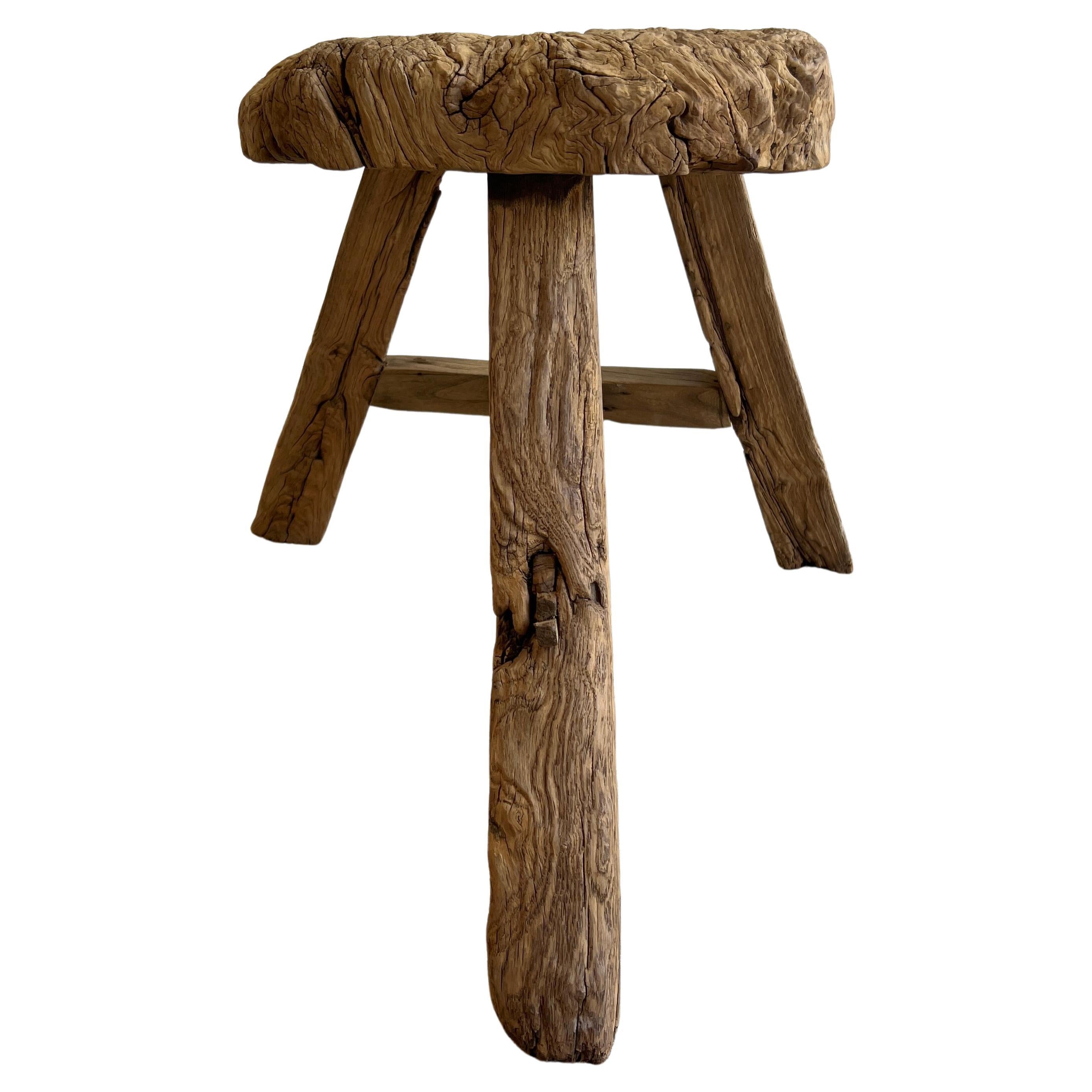 Vintage Elm Wood Stool For Sale