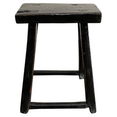 Vintage Elm Wood Stool in Black Painted Finish