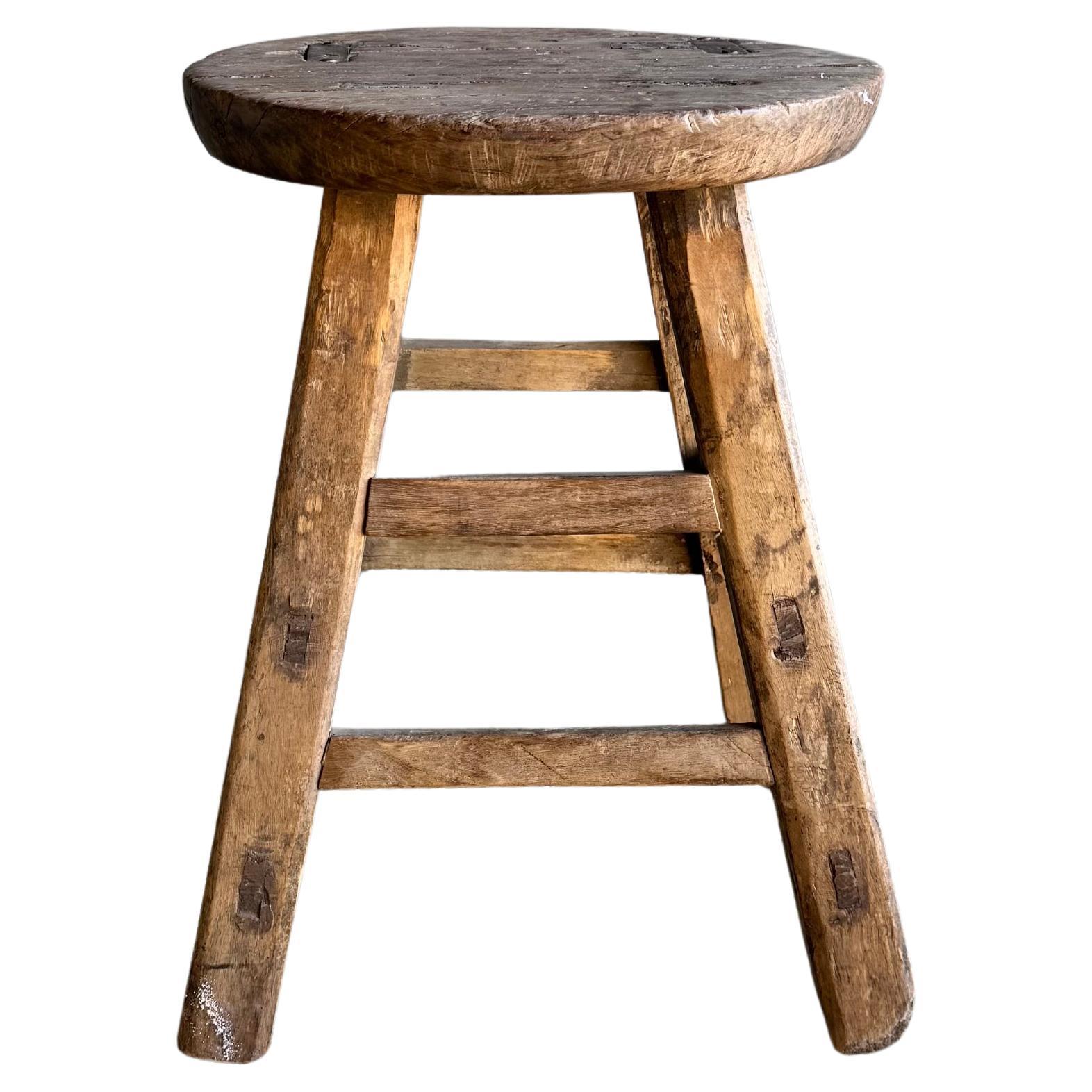 Vintage Elm Wood Stool Round