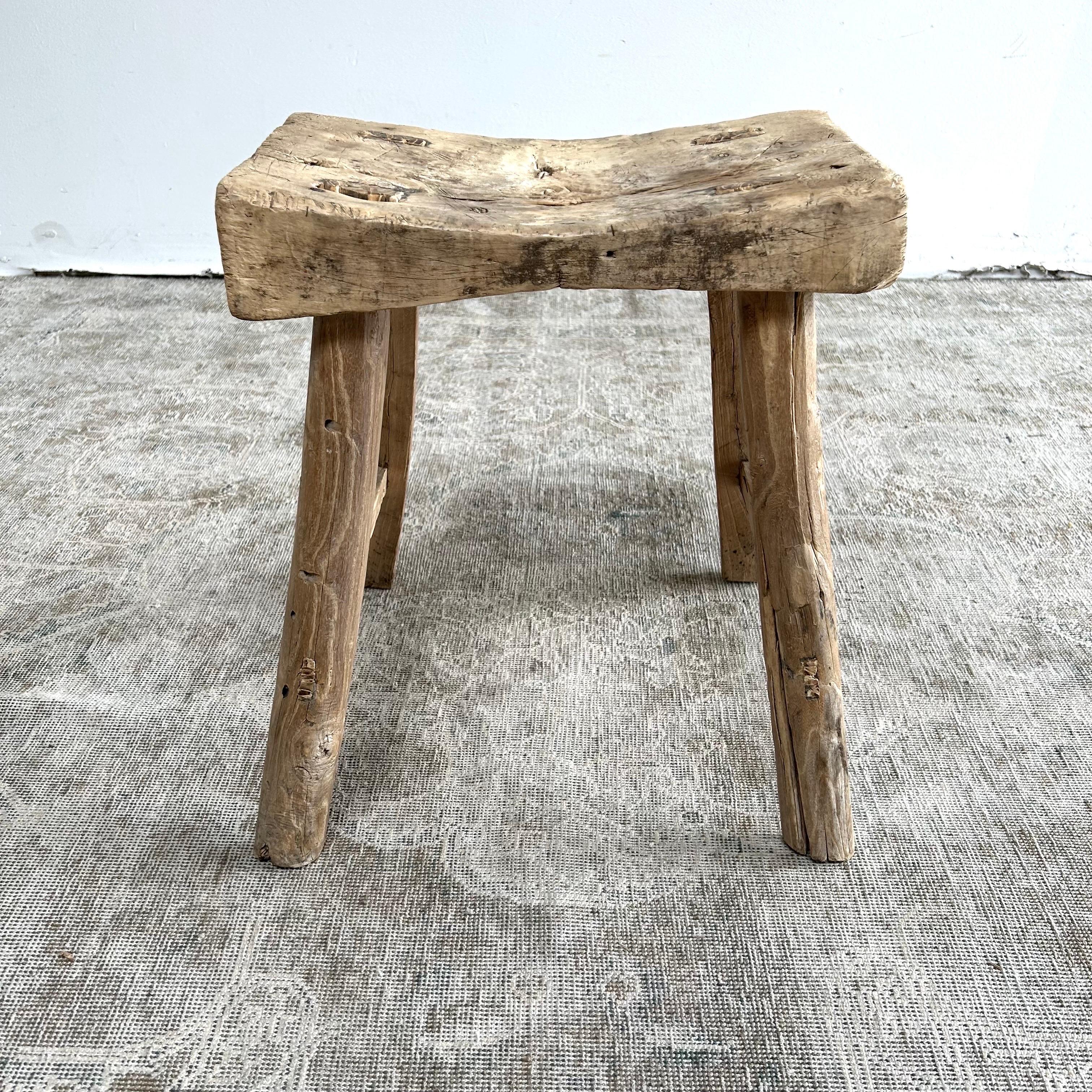 20th Century Vintage Elm Wood Stool with Curved Seat For Sale