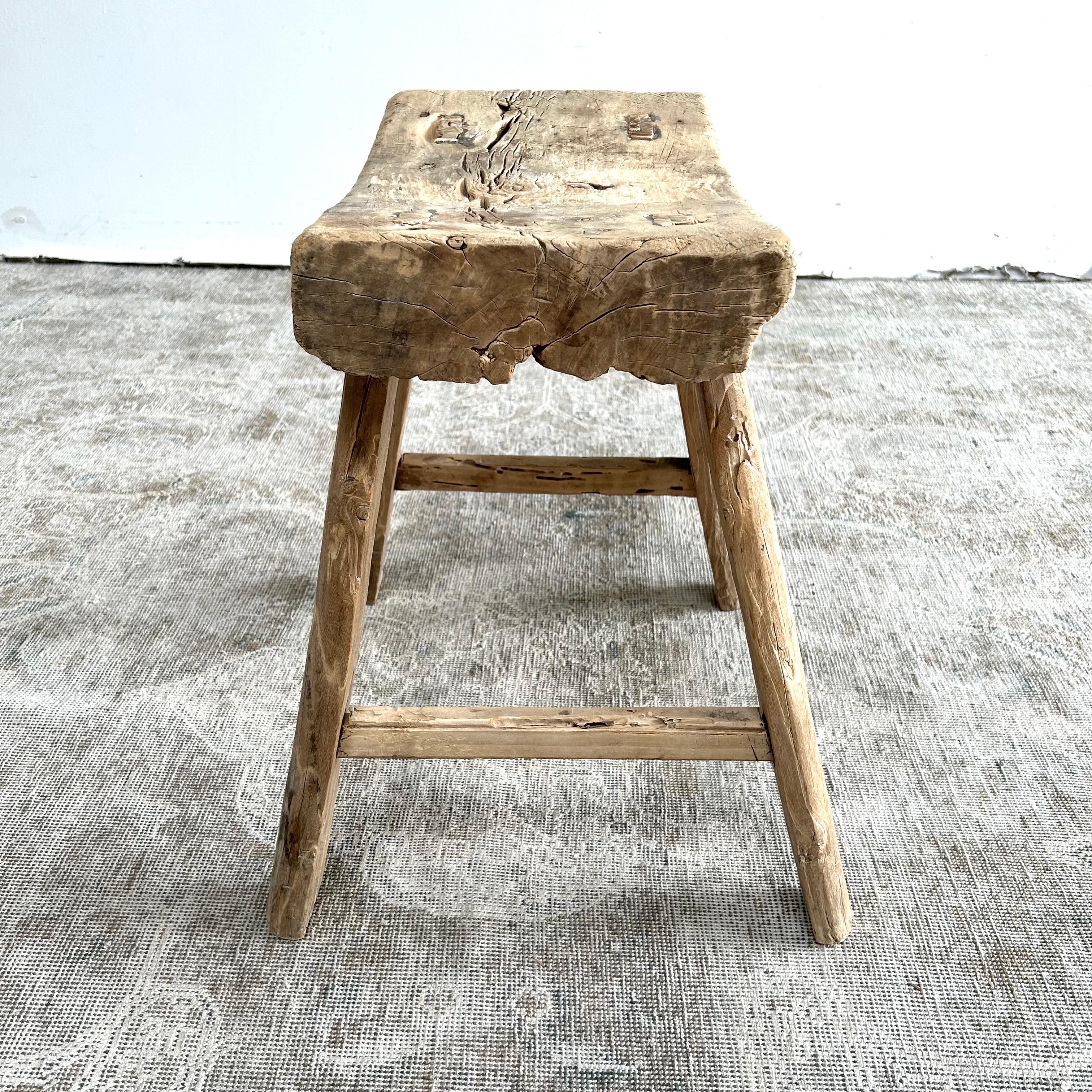 Vintage Elm Wood Stool with Curved Seat For Sale 1