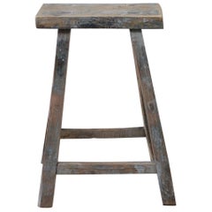 Vintage Elmwood Stool with Faded Blue Gray Paint