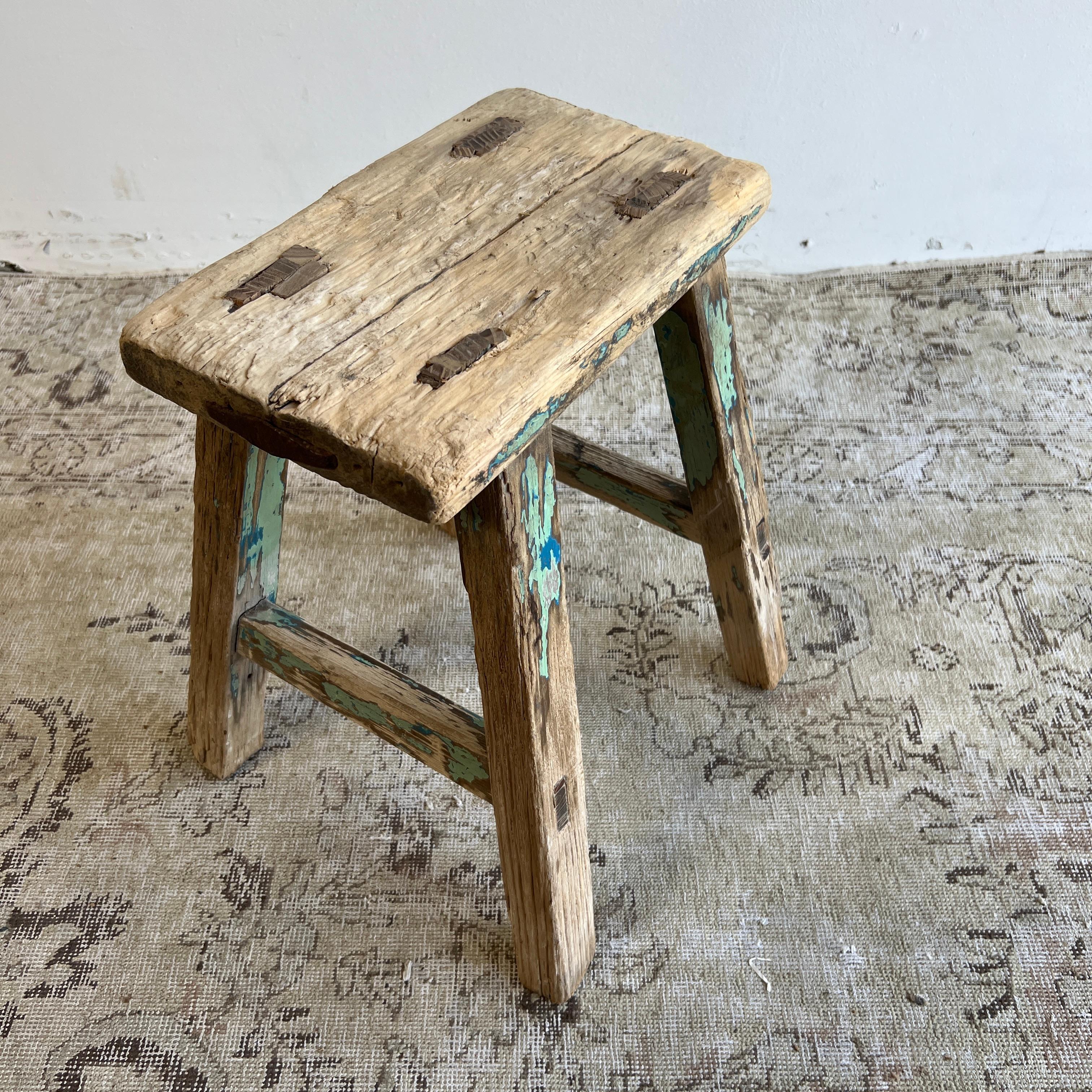 Vintage Elm Wood Stool with Original Aqua Faded Paint In Good Condition For Sale In Brea, CA