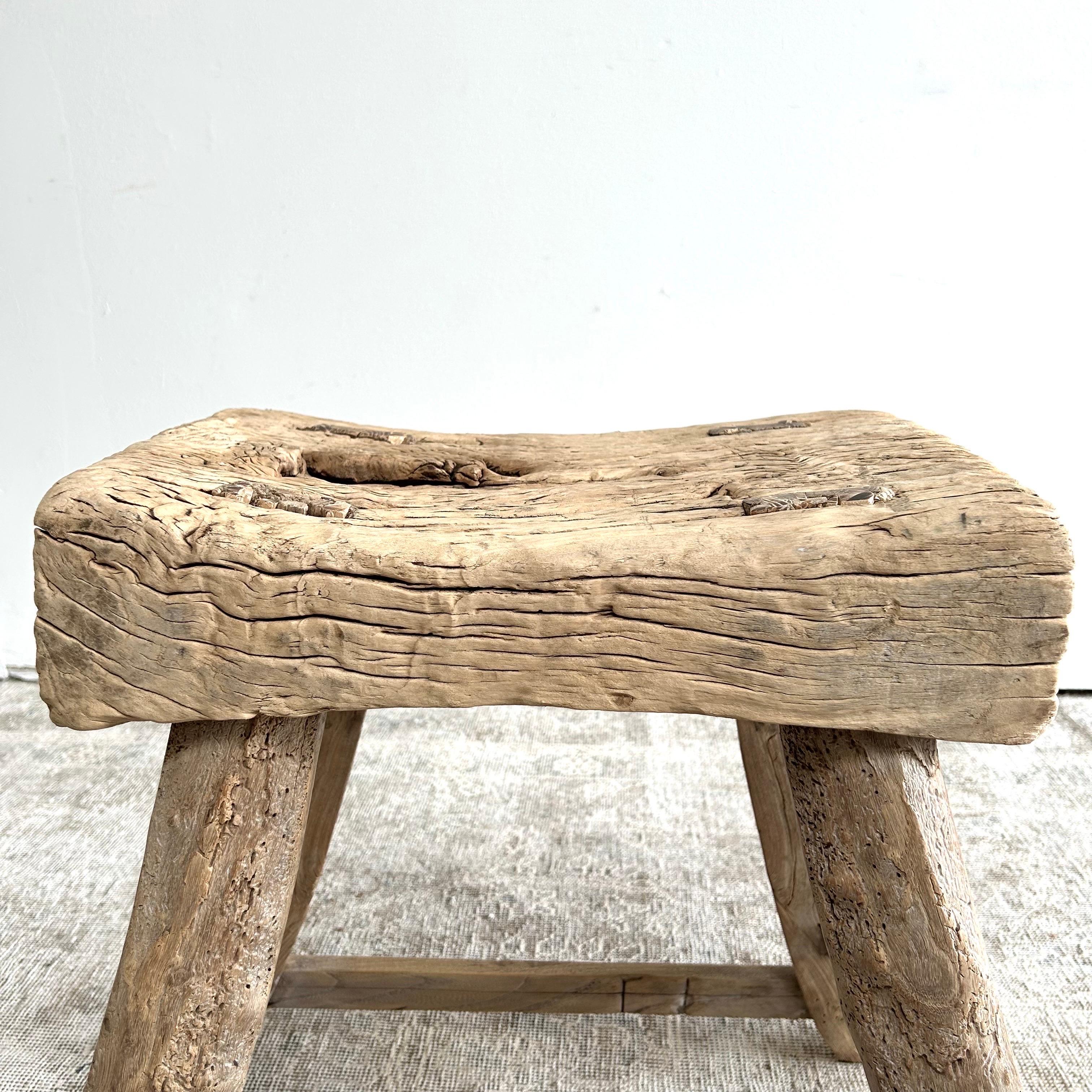 Vintage Elm Wood Stool with Patina For Sale 9
