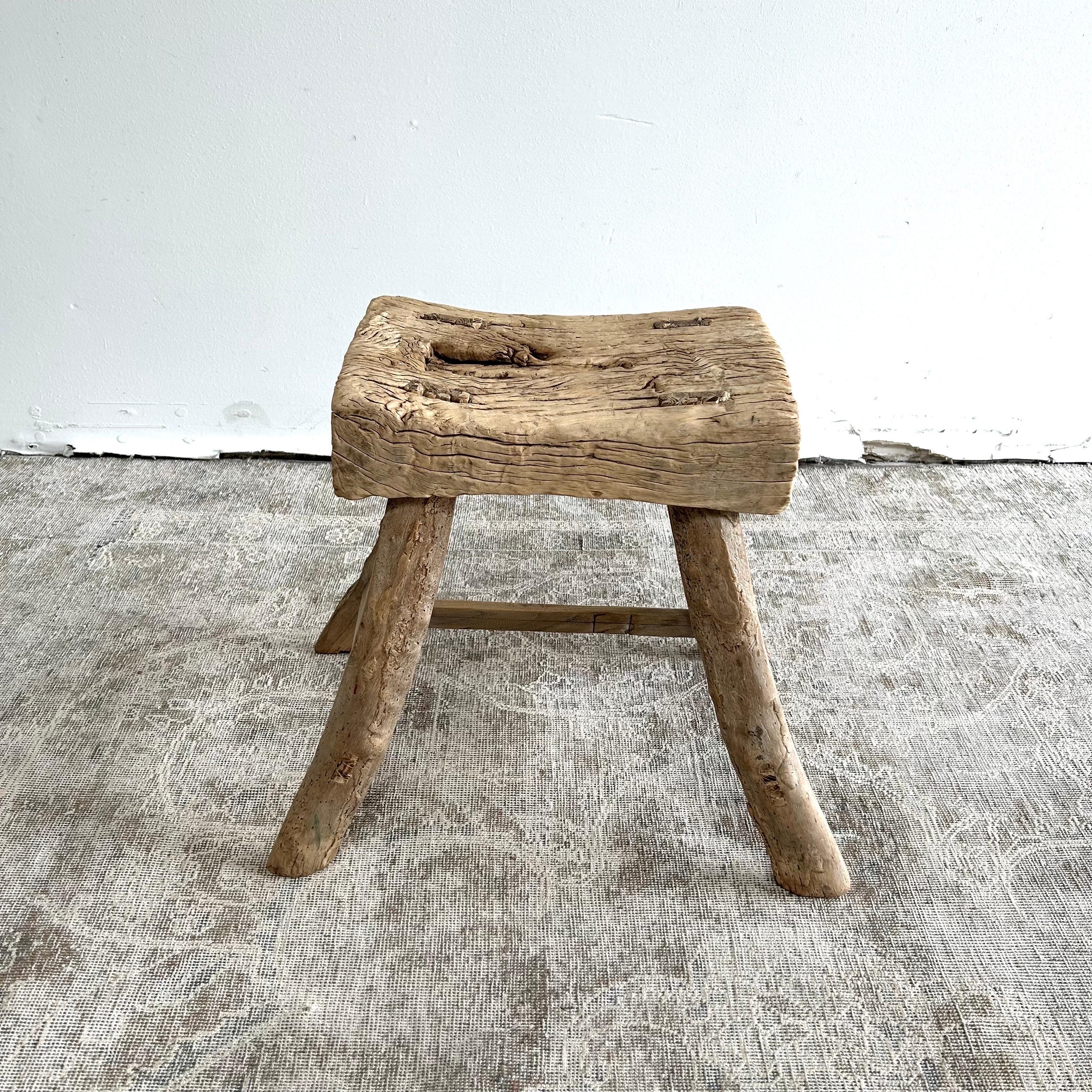 Vintage Elm Wood Stool with Patina In Good Condition For Sale In Brea, CA