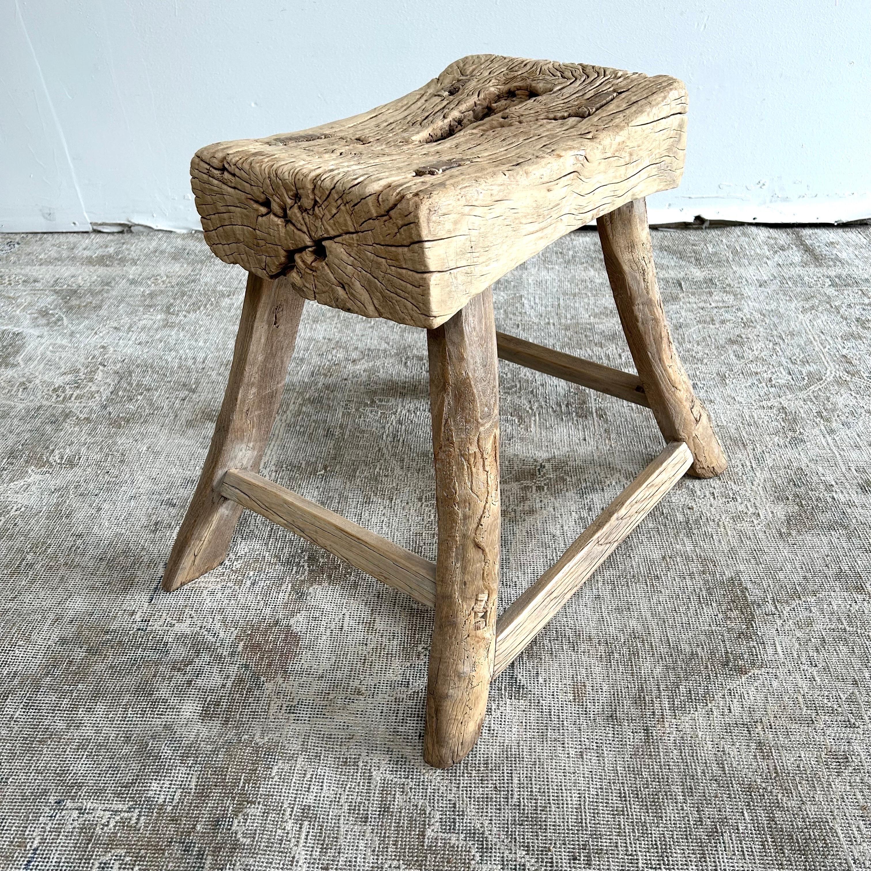Vintage Elm Wood Stool with Patina For Sale 2