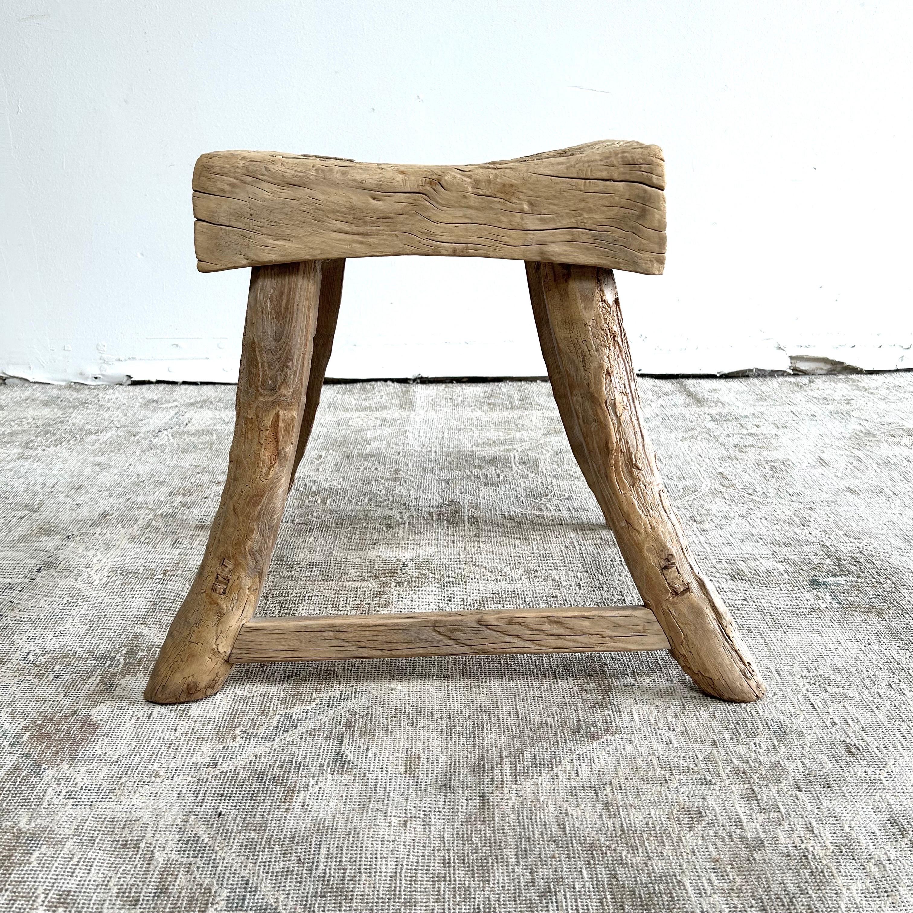 Vintage Elm Wood Stool with Patina For Sale 3