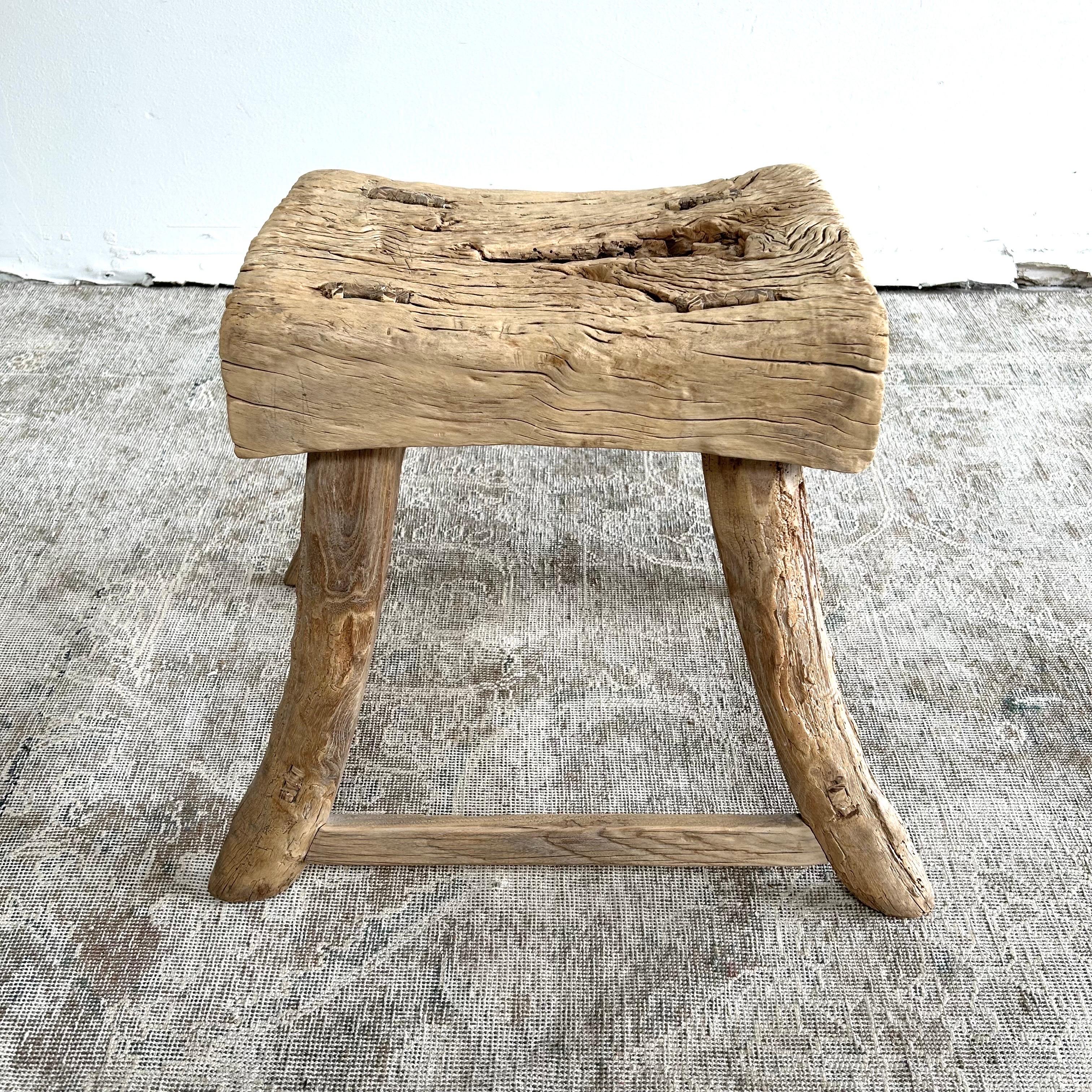 Vintage Elm Wood Stool with Patina For Sale 4
