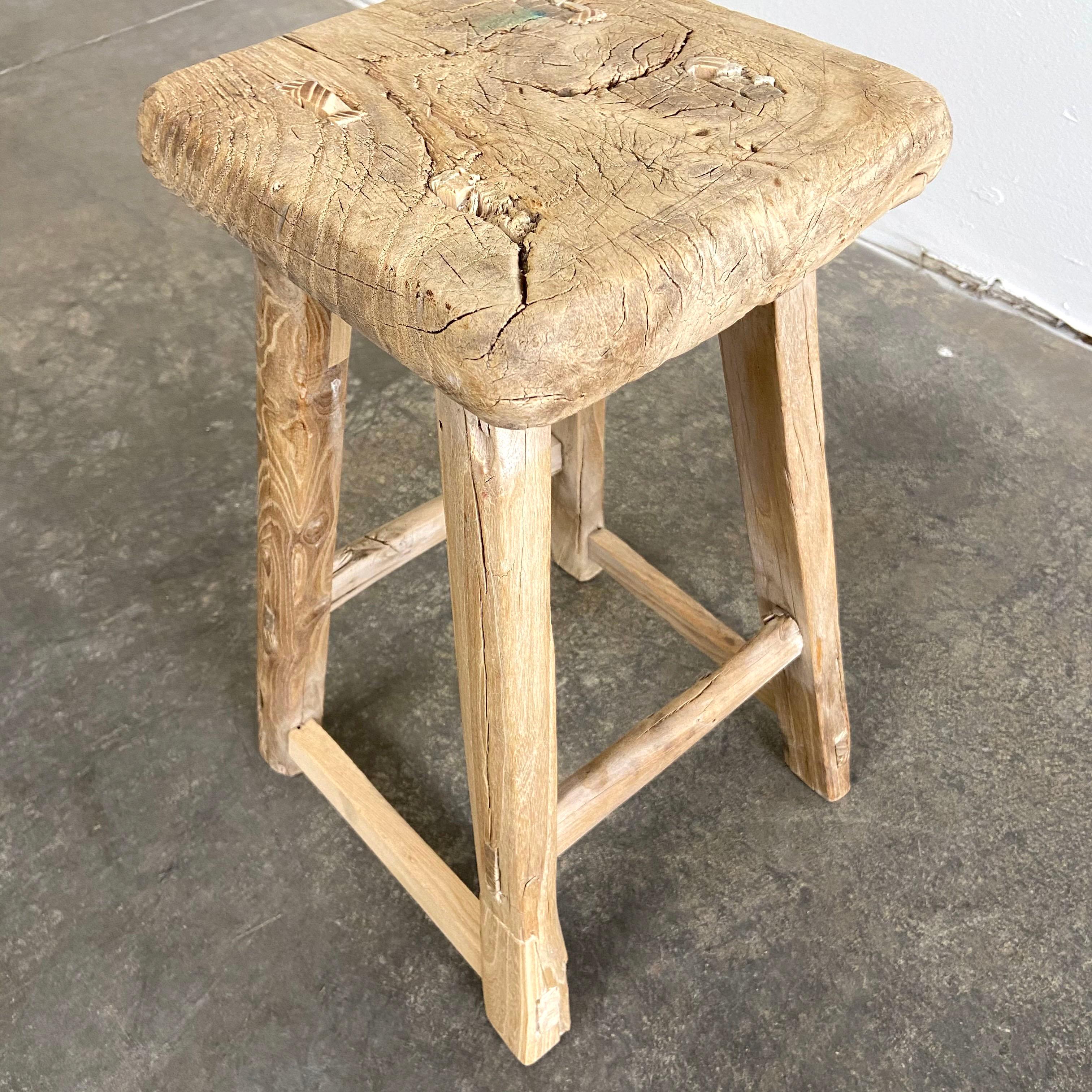 20th Century Vintage Elm Wood Stool with Square Top For Sale