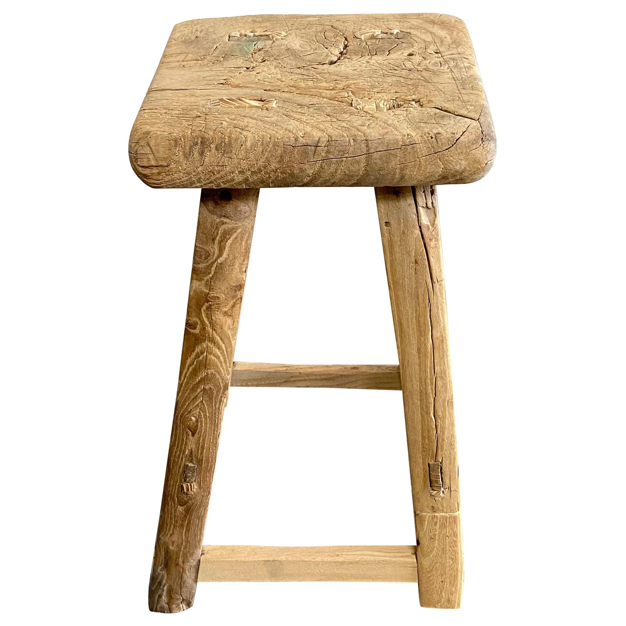 Vintage Elm Wood Stool with Square Top For Sale