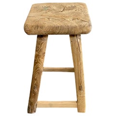Vintage Elm Wood Stool with Square Top