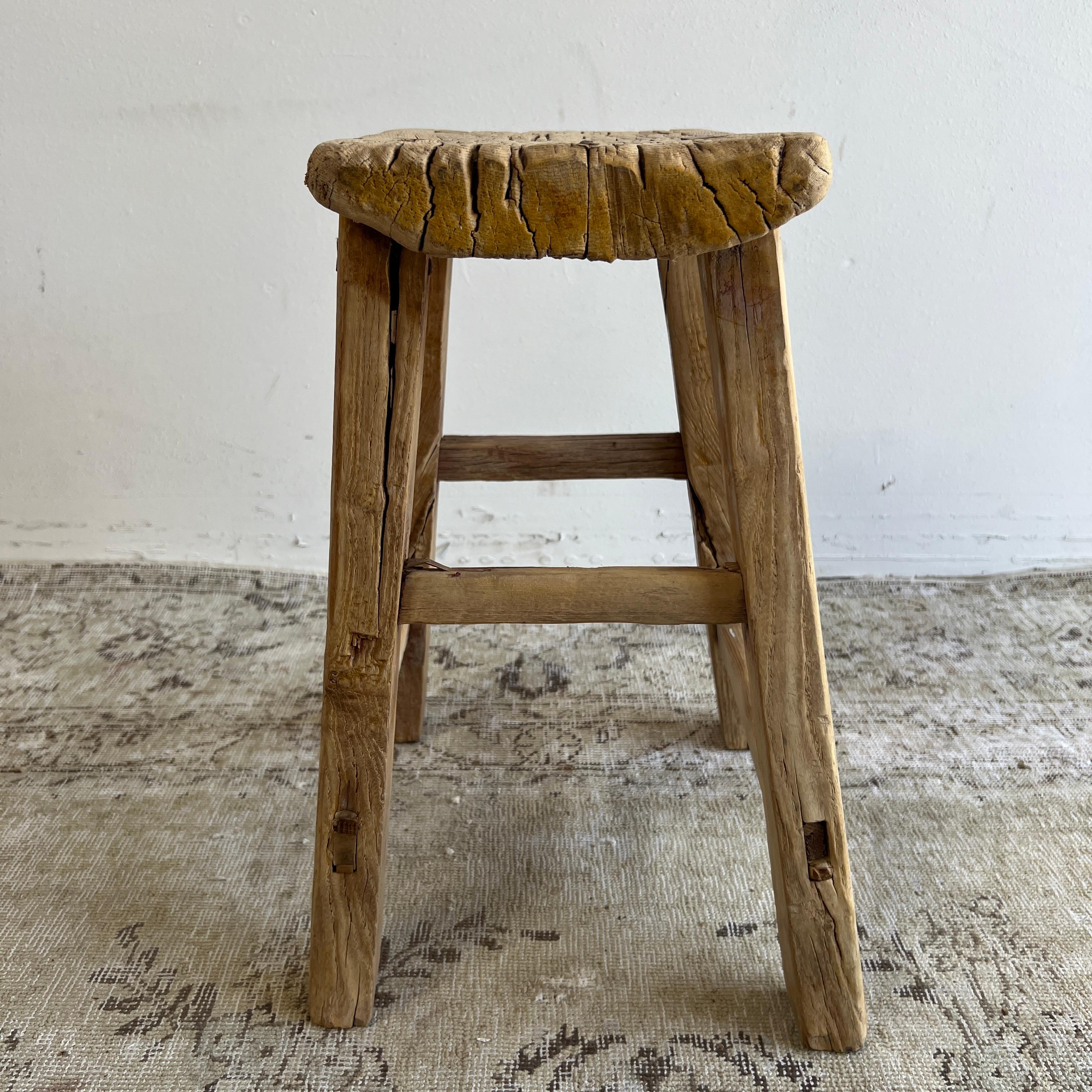 Vintage Elm Wood Stool with Thick Top In Good Condition In Brea, CA