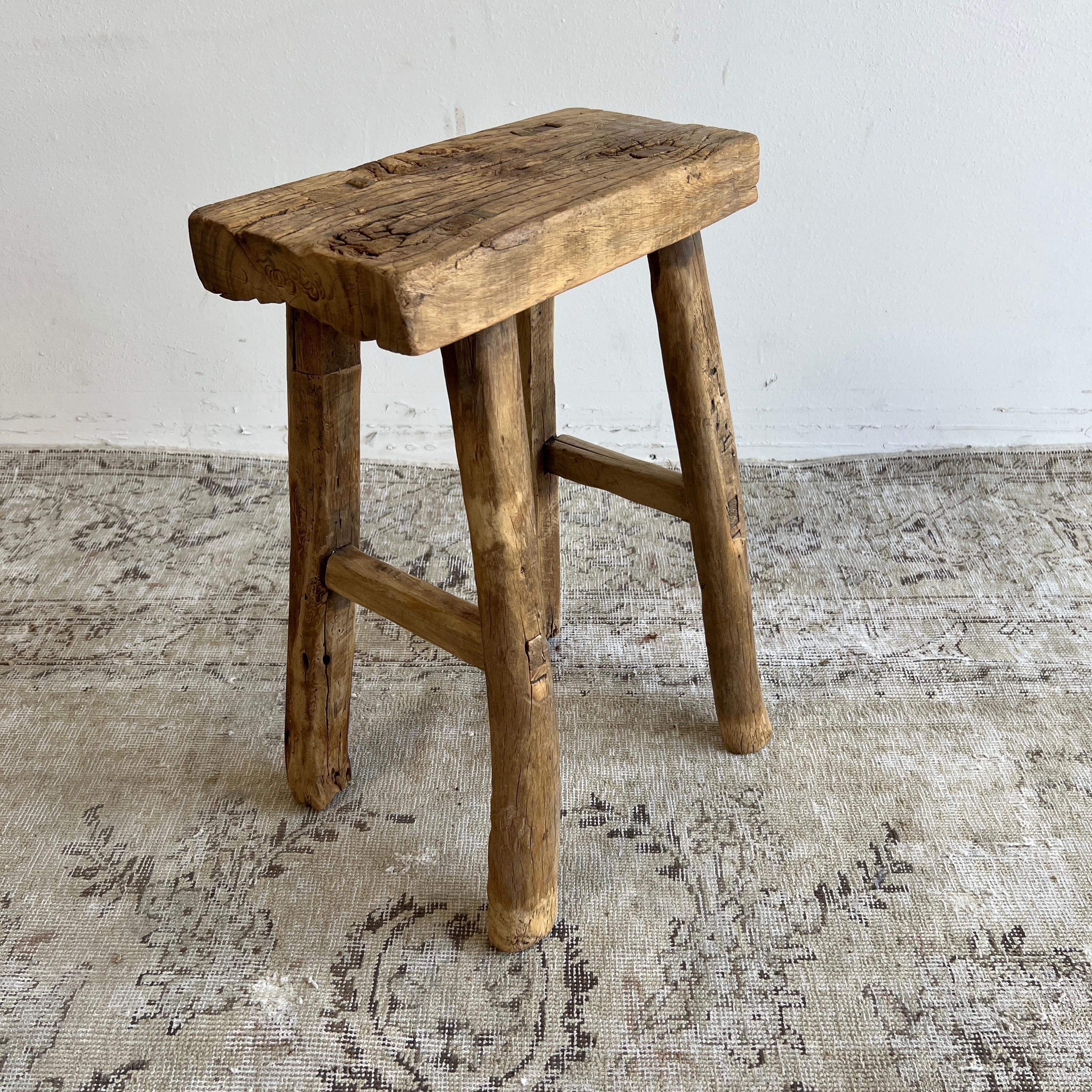 Vintage Elm Wood Stool with Unique Legs In Good Condition For Sale In Brea, CA