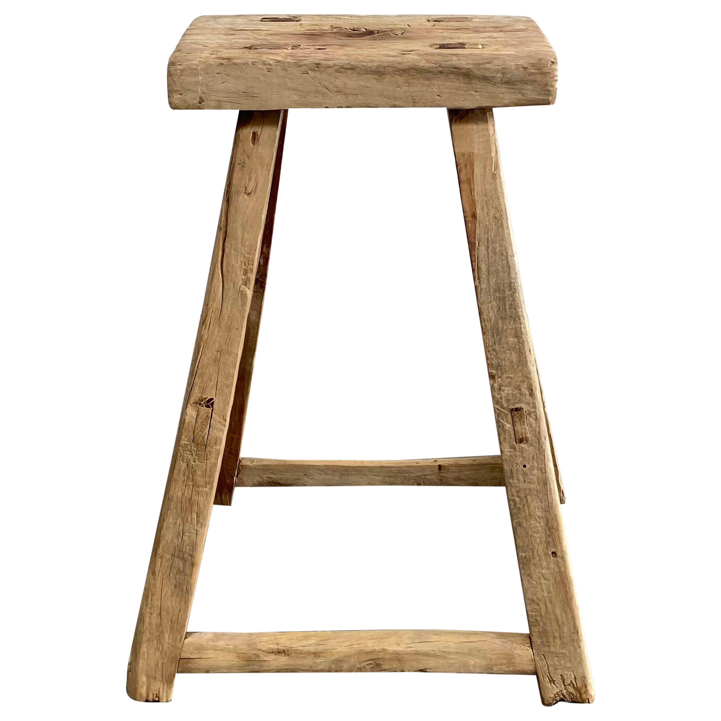 Vintage Elm Wood Tall Stool or Pedestal Side Table For Sale