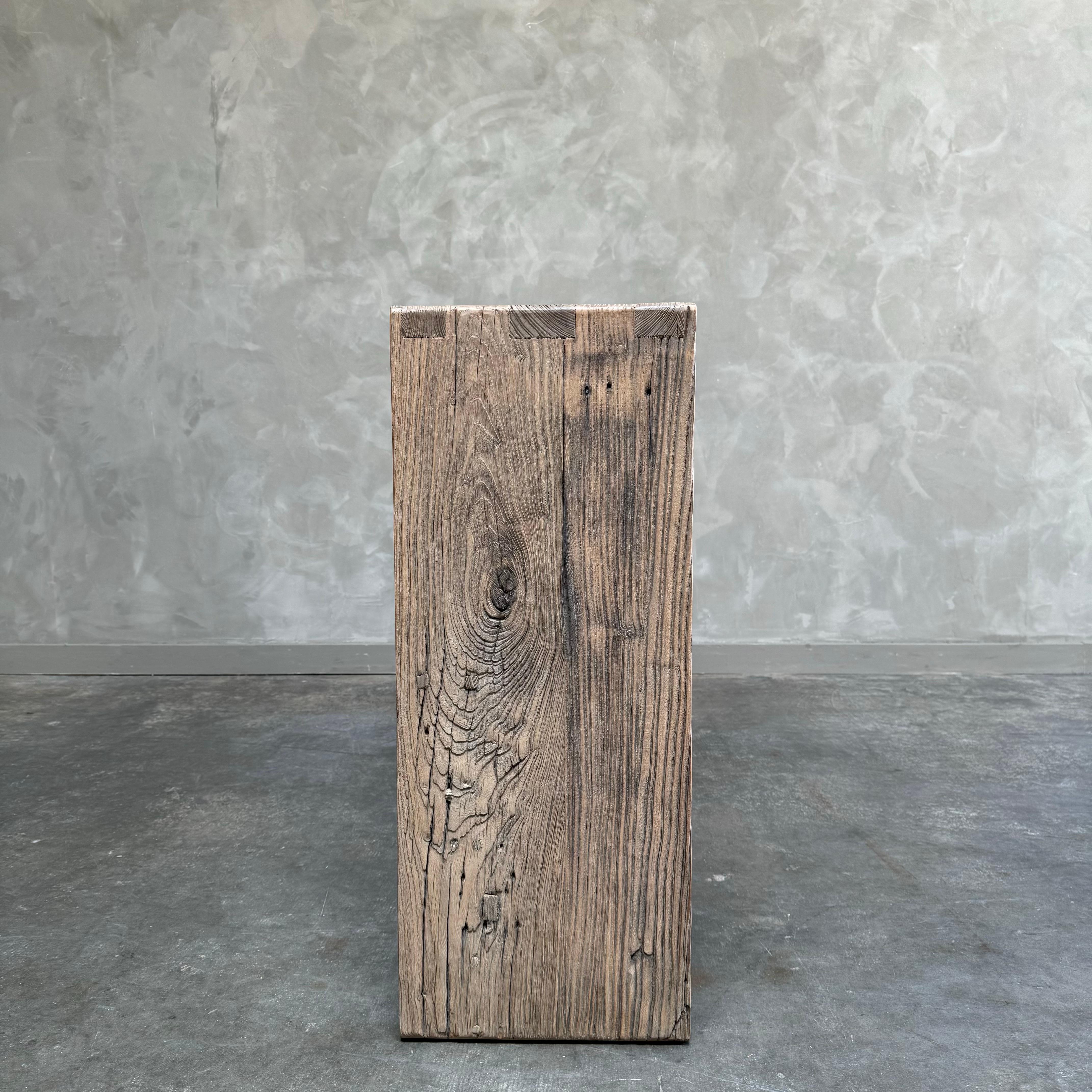 These old elm timbers show in its most primal, natural form. The artisanal construction methods highlight the elm woods beautiful grain pattern & knots and fissures from its past life. The most authentic materials are hand selected, and hours of
