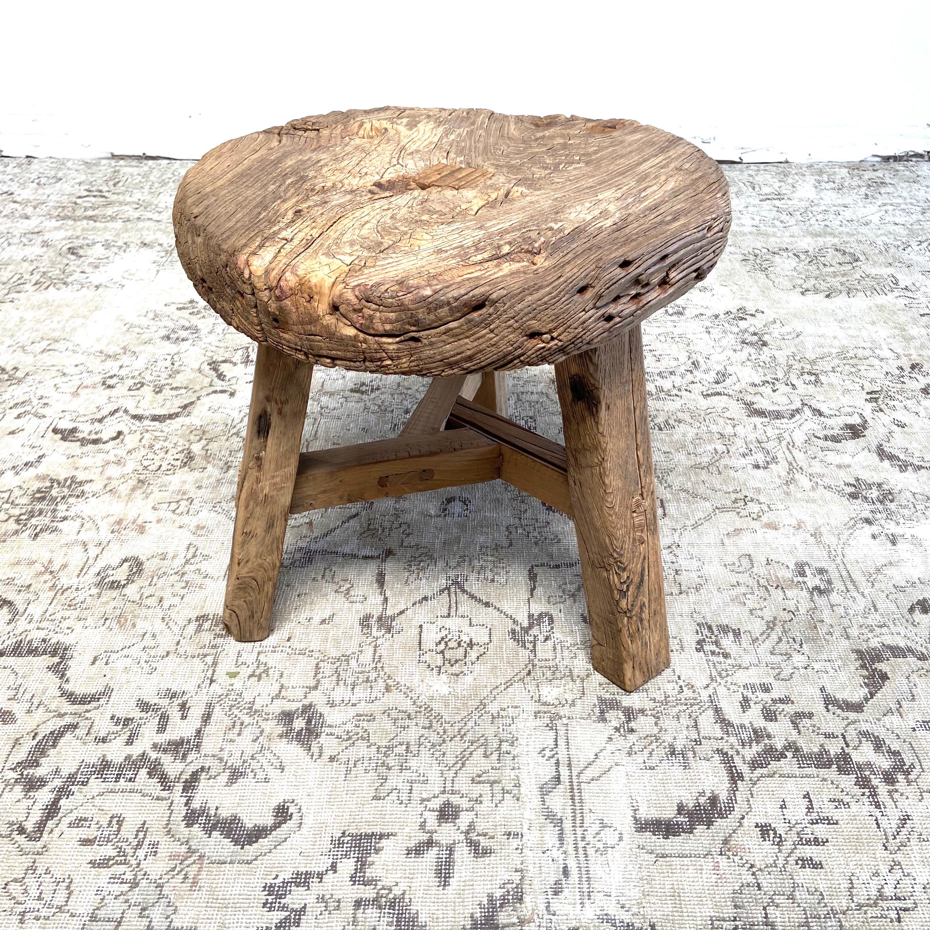 Vintage Elm Wood Wheel Side Table In Good Condition For Sale In Brea, CA