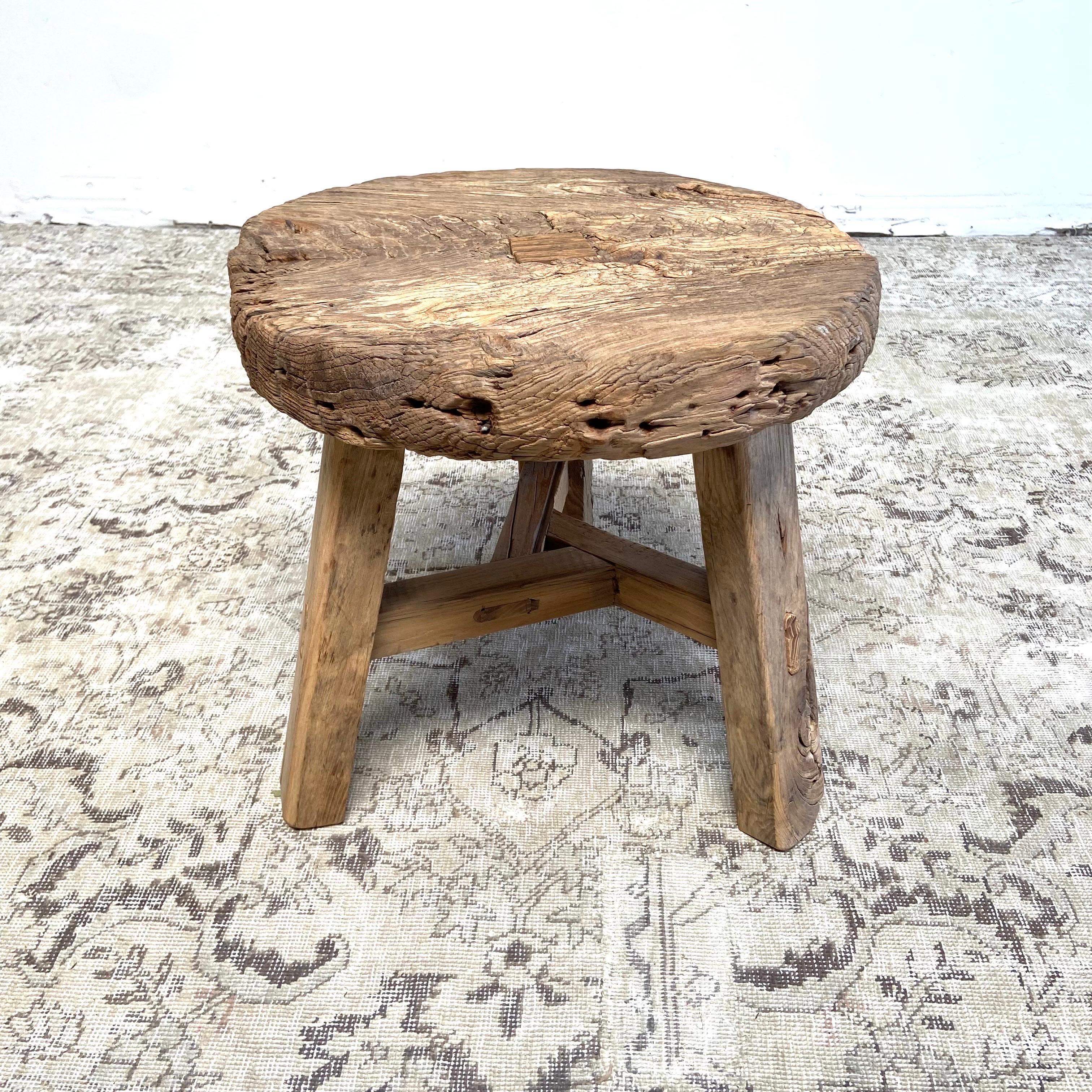 19th Century Vintage Elm Wood Wheel Side Table For Sale