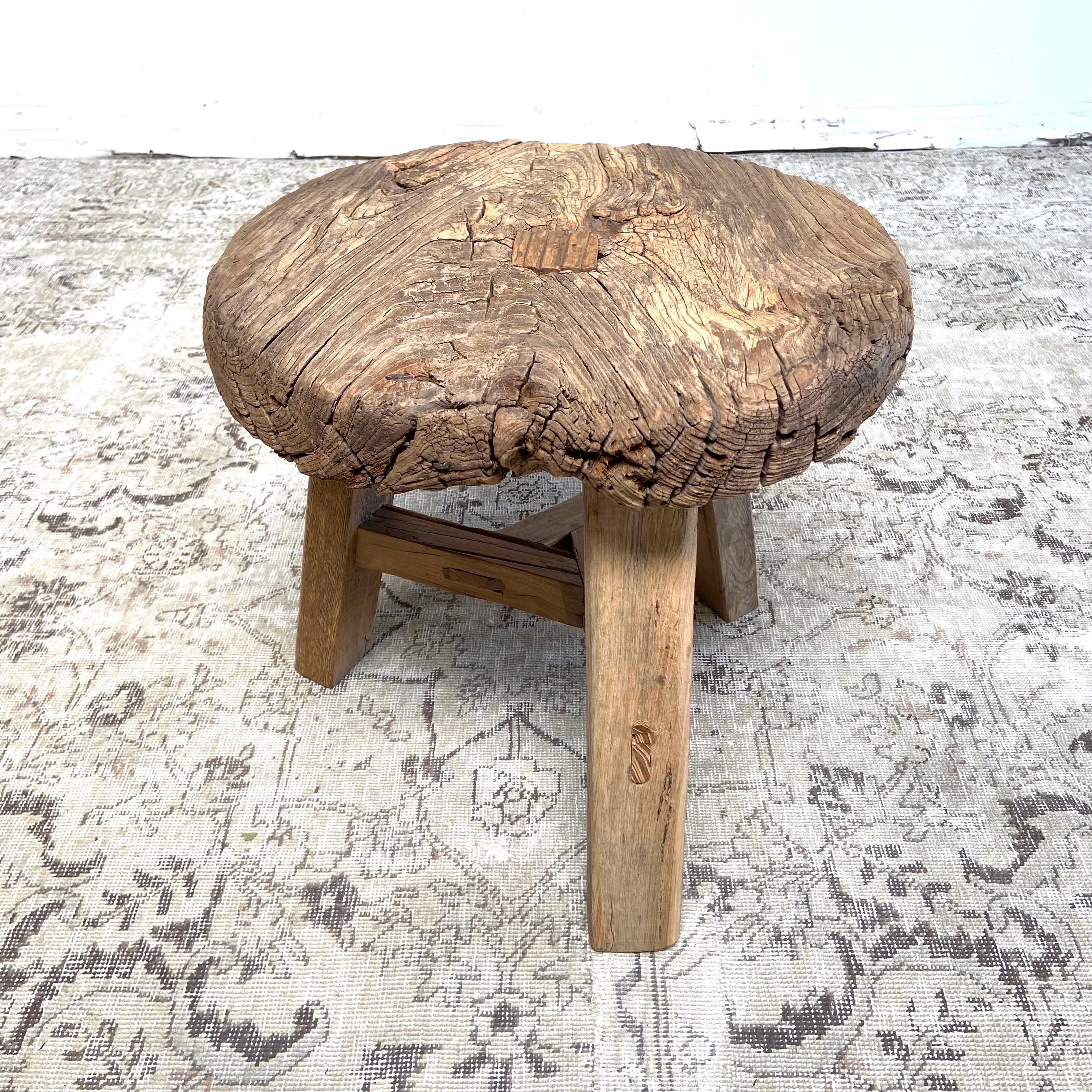 Vintage Elm Wood Wheel Side Table For Sale 1