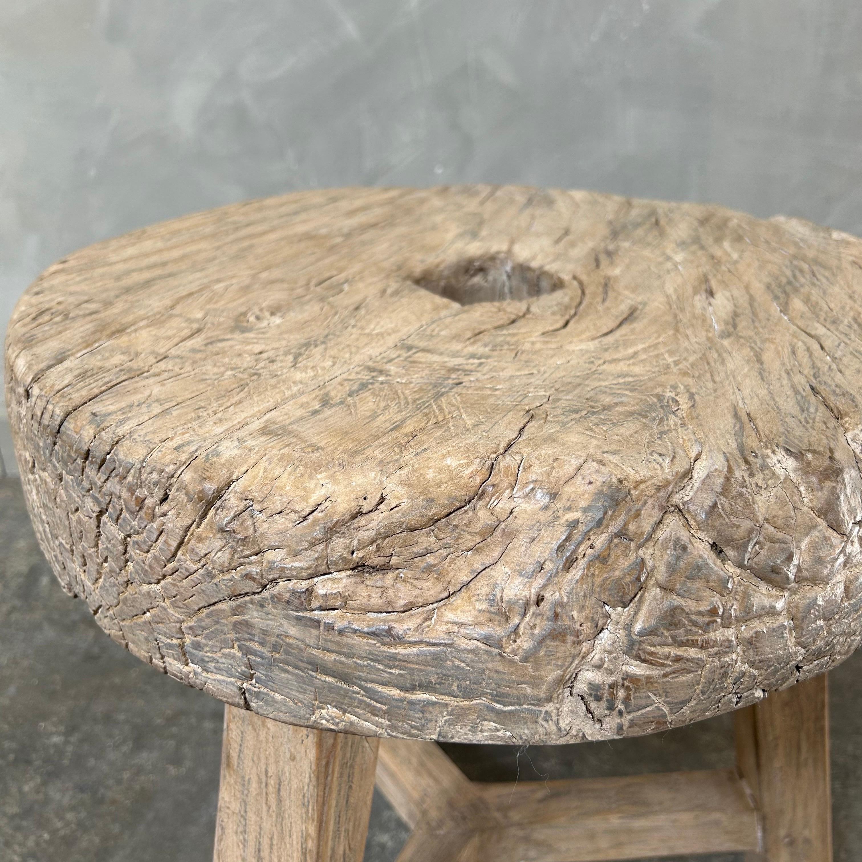 Vintage Elm Wood Wheel Side Table For Sale 1