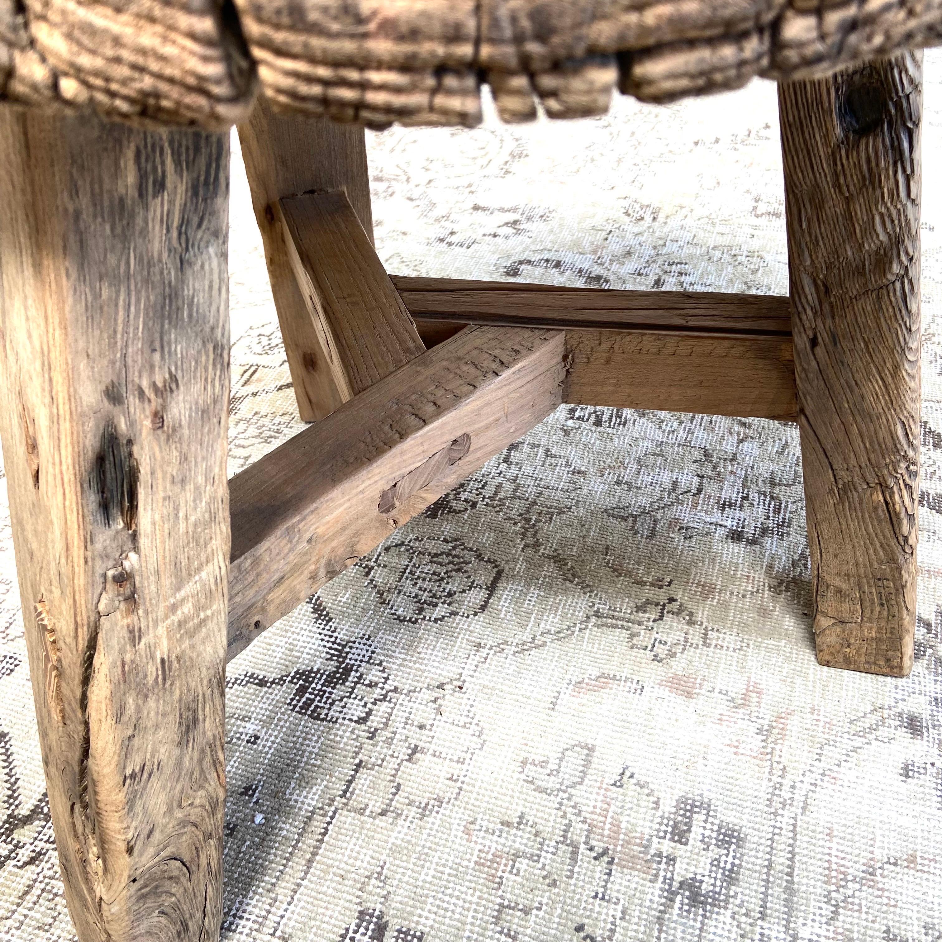 Vintage Elm Wood Wheel Side Table For Sale 3