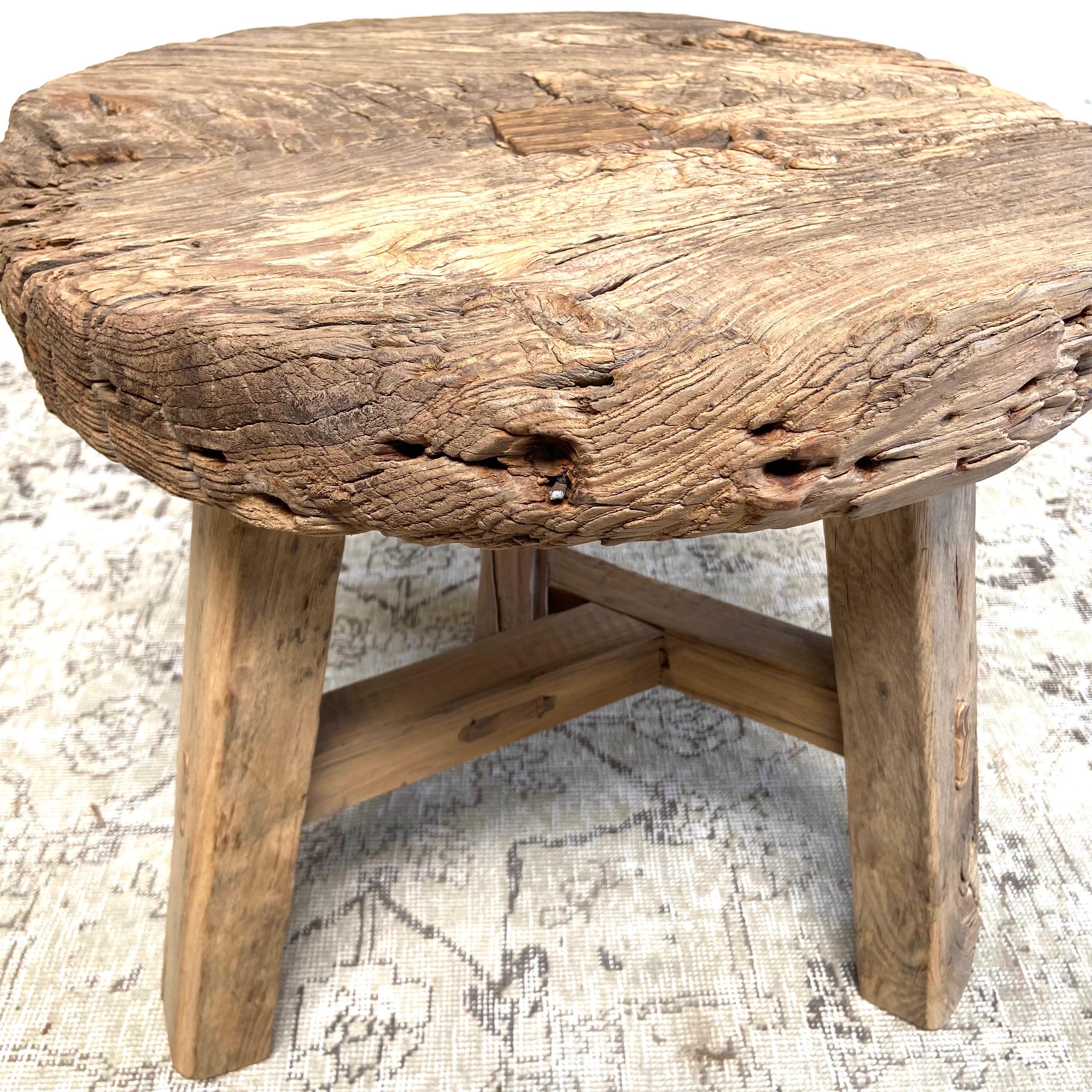Vintage Elm Wood Wheel Side Table For Sale 5