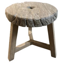 Vintage Elm Wood Wheel Side Table