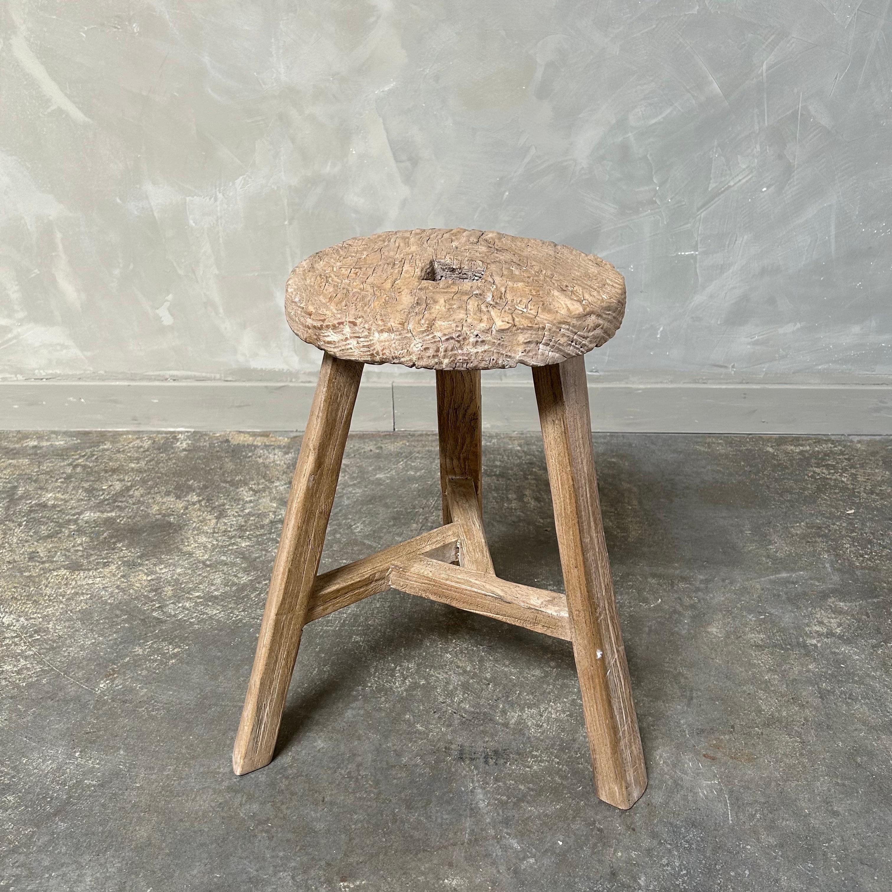 Elm wheel side table/ stool. Antique wheel side table/stool. This vintage elm wood wheel stool is finished with medium to dark stain. The stool is solid and sturdy ready for everyday use. Use as a side table, stool, powder room to add vintage style