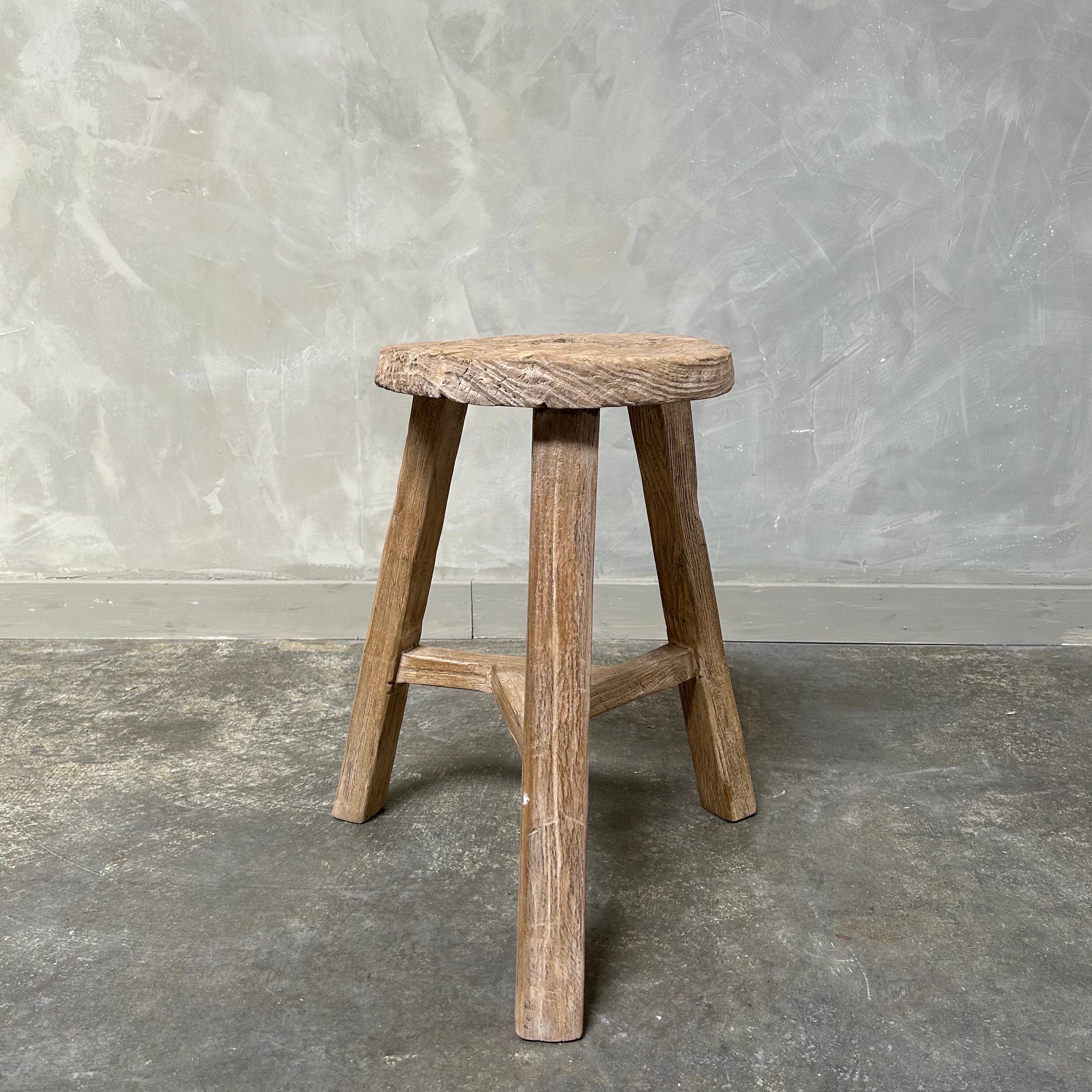 Organic Modern Vintage elm wood wheel stool For Sale