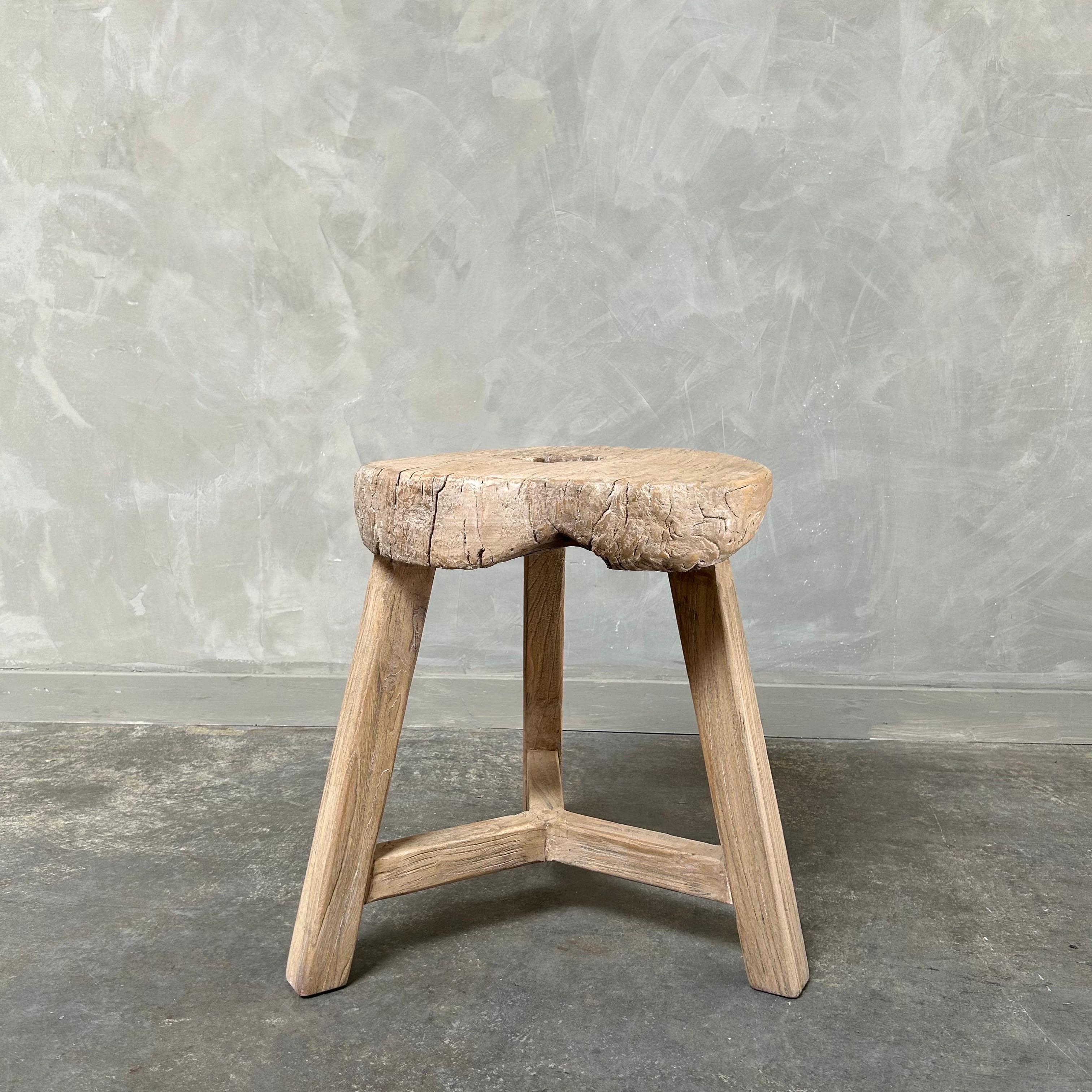 Elm Vintage elm wood wheel stool For Sale