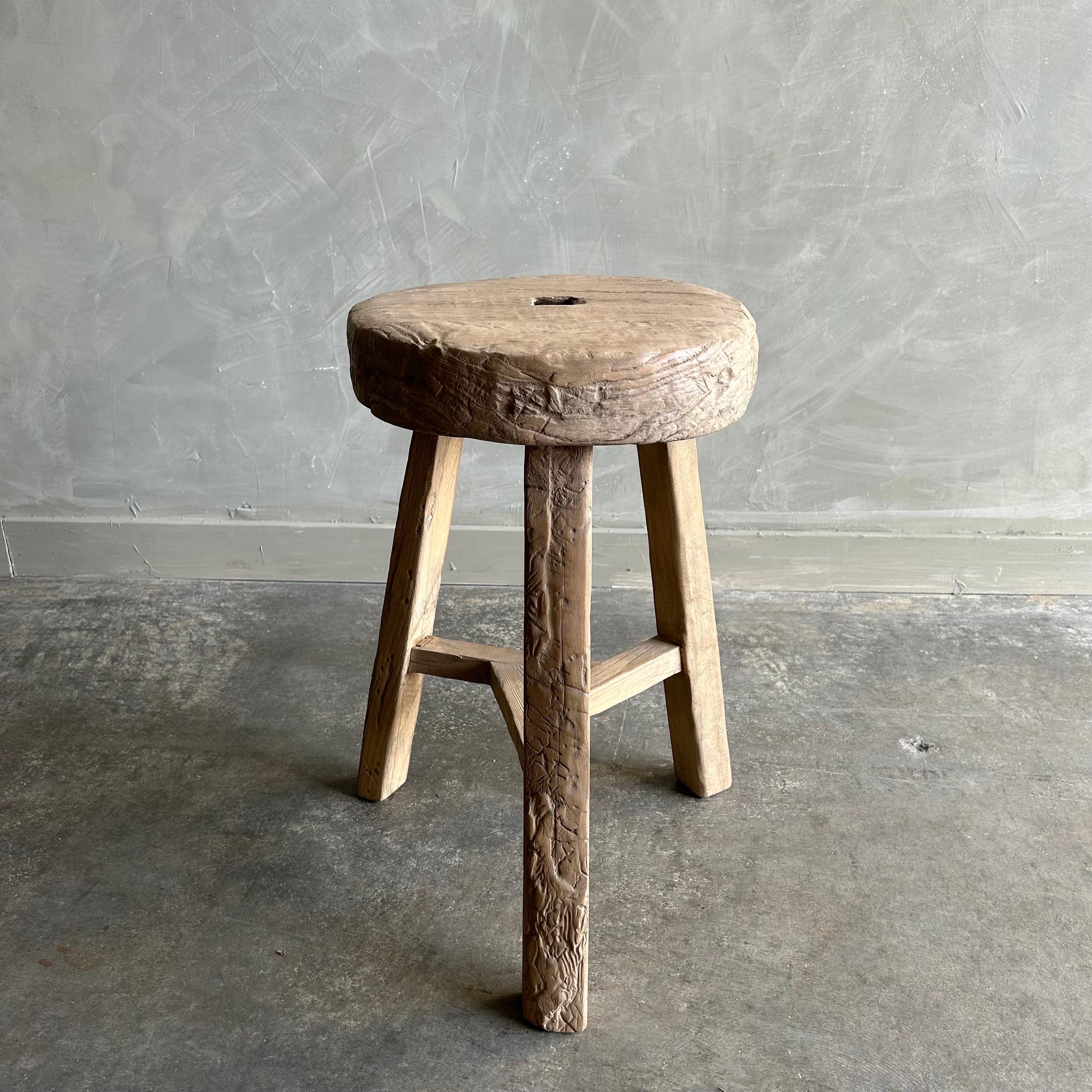 Vintage Elm Wood Wheel Stool or Side Table In New Condition For Sale In Brea, CA
