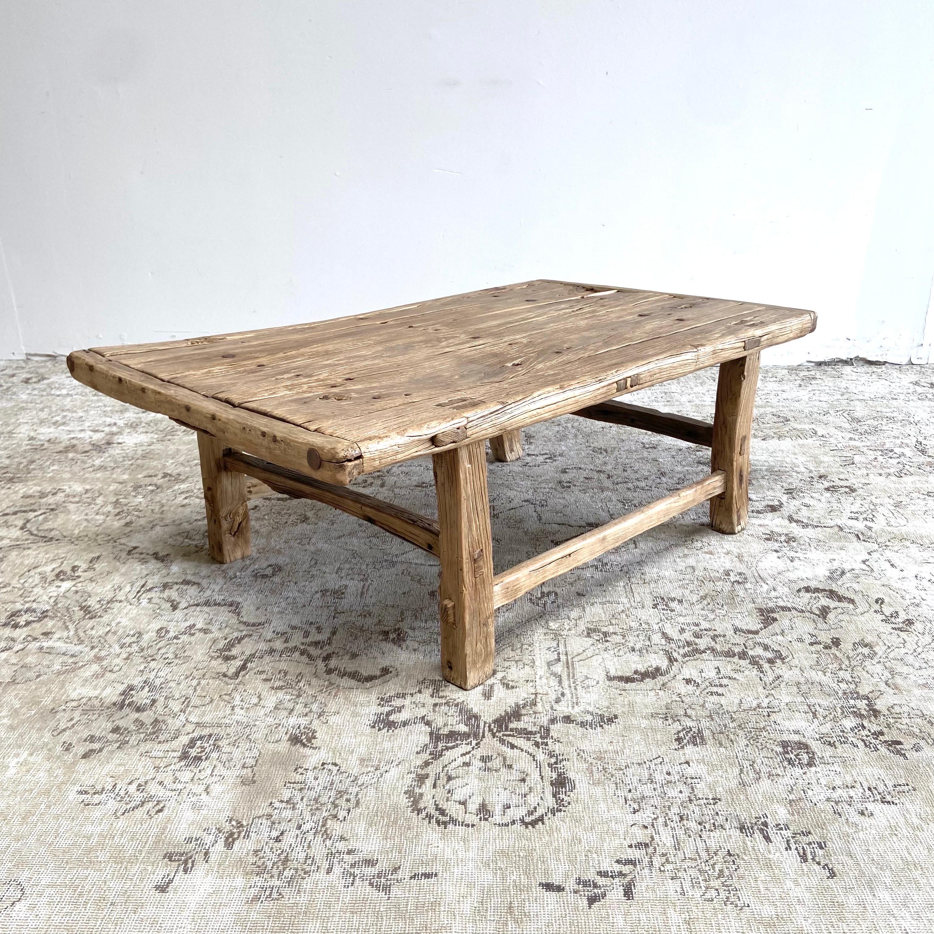 Vintage antique elmwood coffee table with beautiful antique weathered patina top
Beautiful antique patina, with weathering and age, these are solid and sturdy ready for daily use, use as a coffee table or entry bench. Each piece is truly unique and