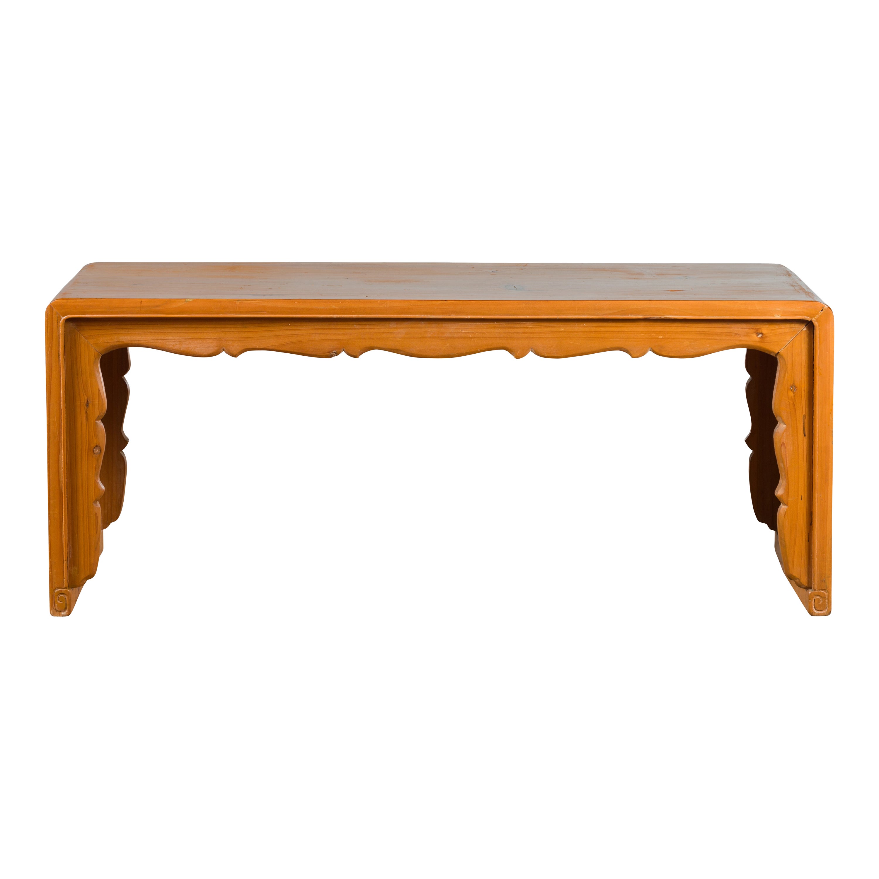 Vintage Elmwood Waterfall Coffee Table with Carved Apron & Legs For Sale