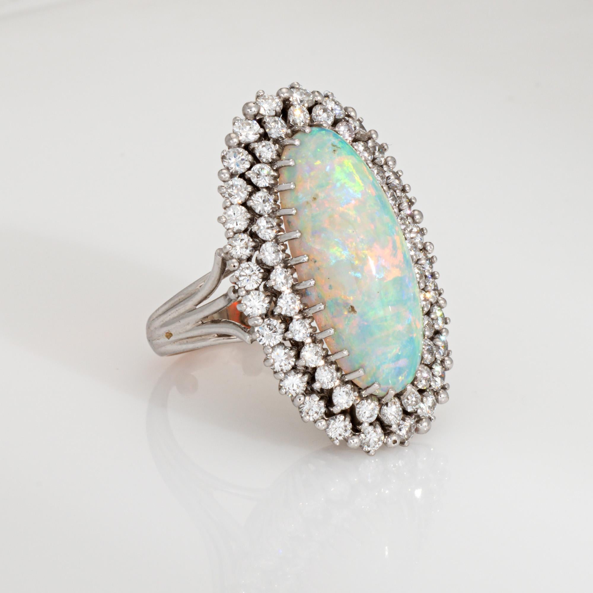 Vintage Elongated 9ct Opal 2,25ct Diamant Ring 14k Weißgold Sz 5,5 Cocktail (Moderne) im Angebot