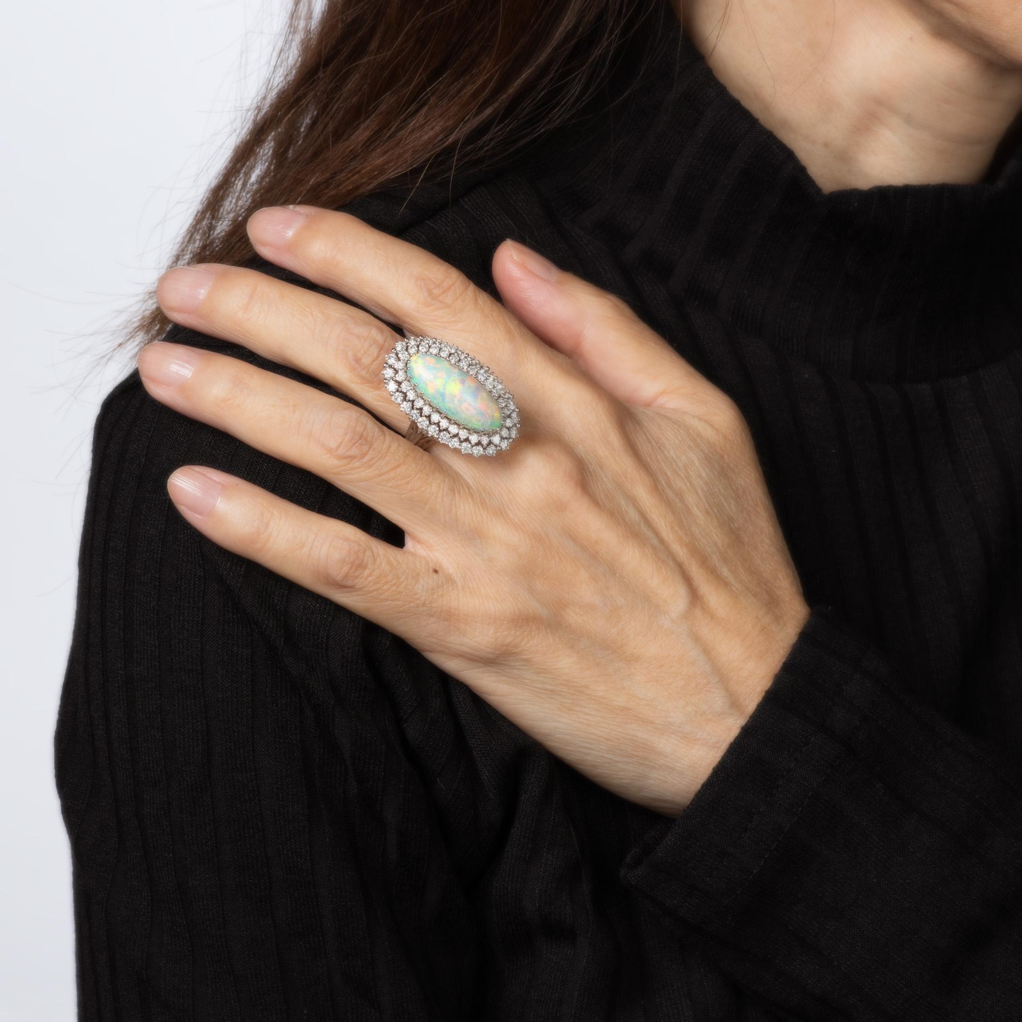 Vintage Elongated 9ct Opal 2,25ct Diamant Ring 14k Weißgold Sz 5,5 Cocktail Damen im Angebot