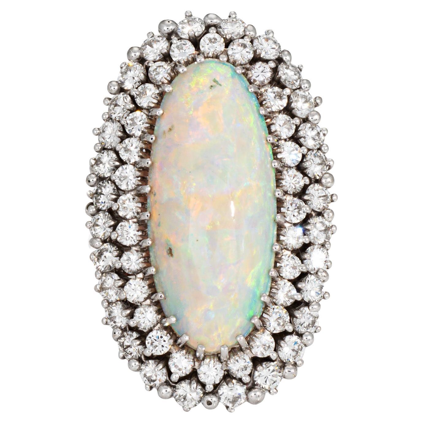 Vintage Elongated 9ct Opal 2,25ct Diamant Ring 14k Weißgold Sz 5,5 Cocktail im Angebot
