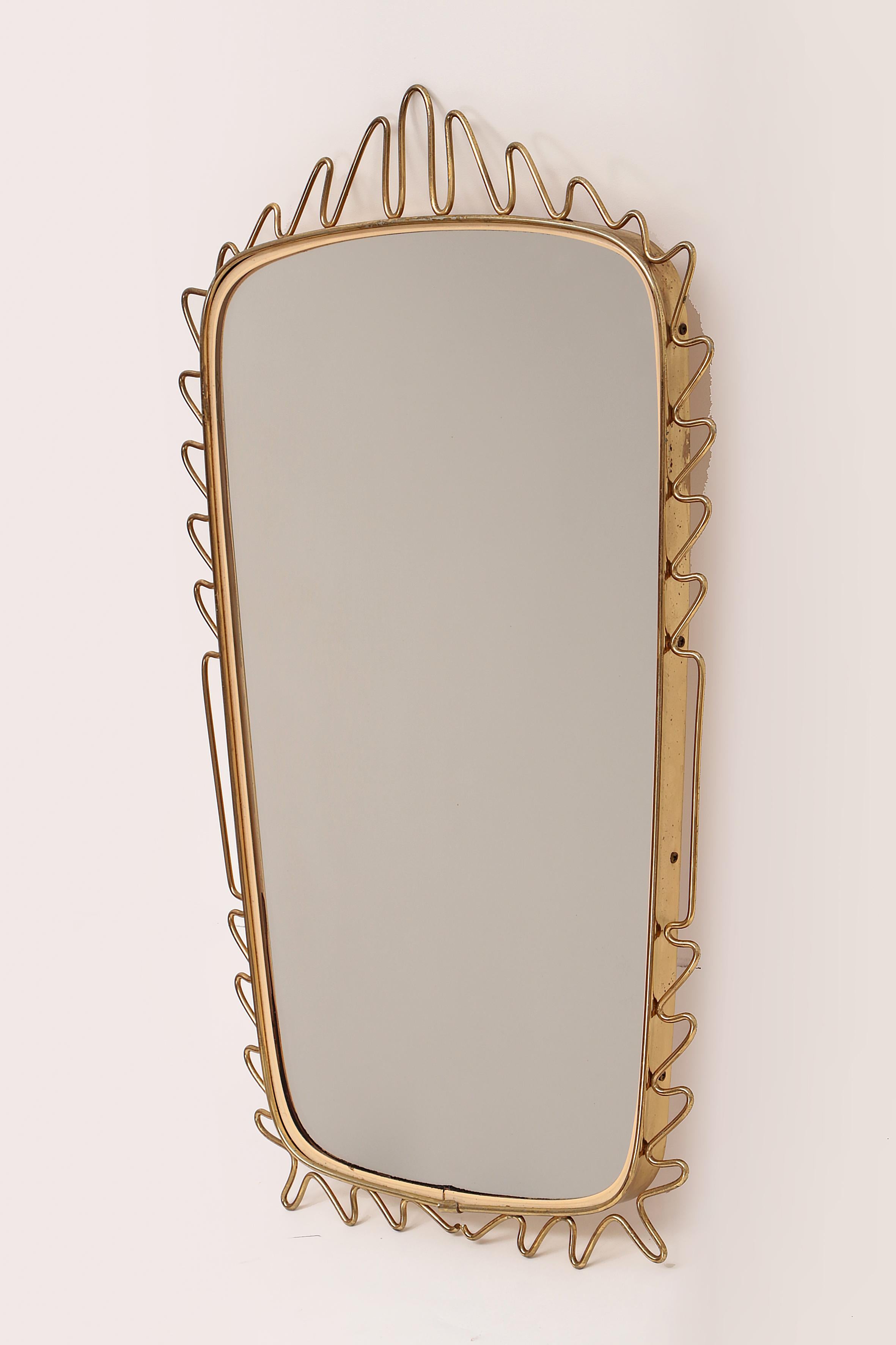 German Vintage Elongated Mirror with Ornate Brass Edge, 1960s